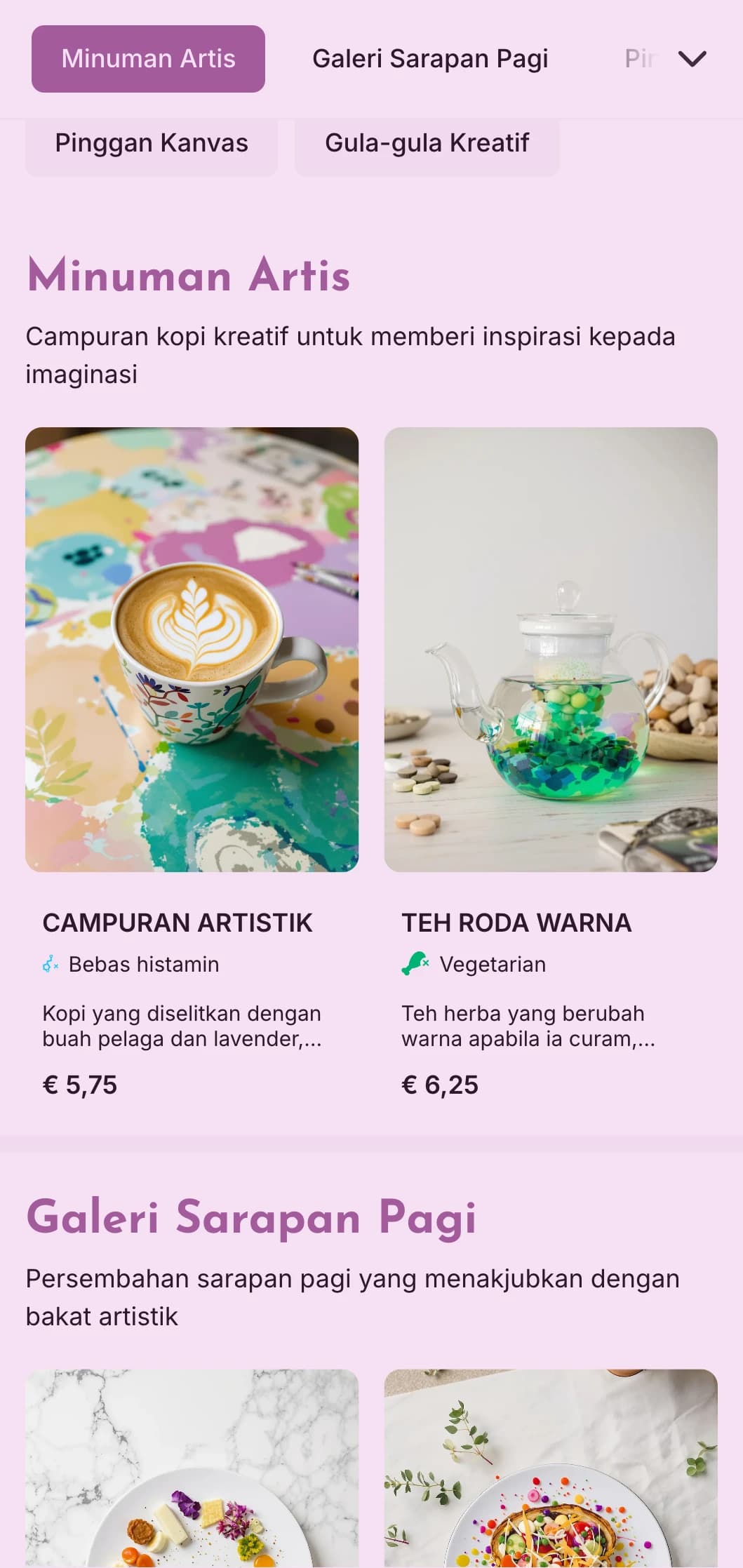 Reka bentuk ungu kreatif dengan unsur artistik untuk kafe galeri dan ruang kreatif.
