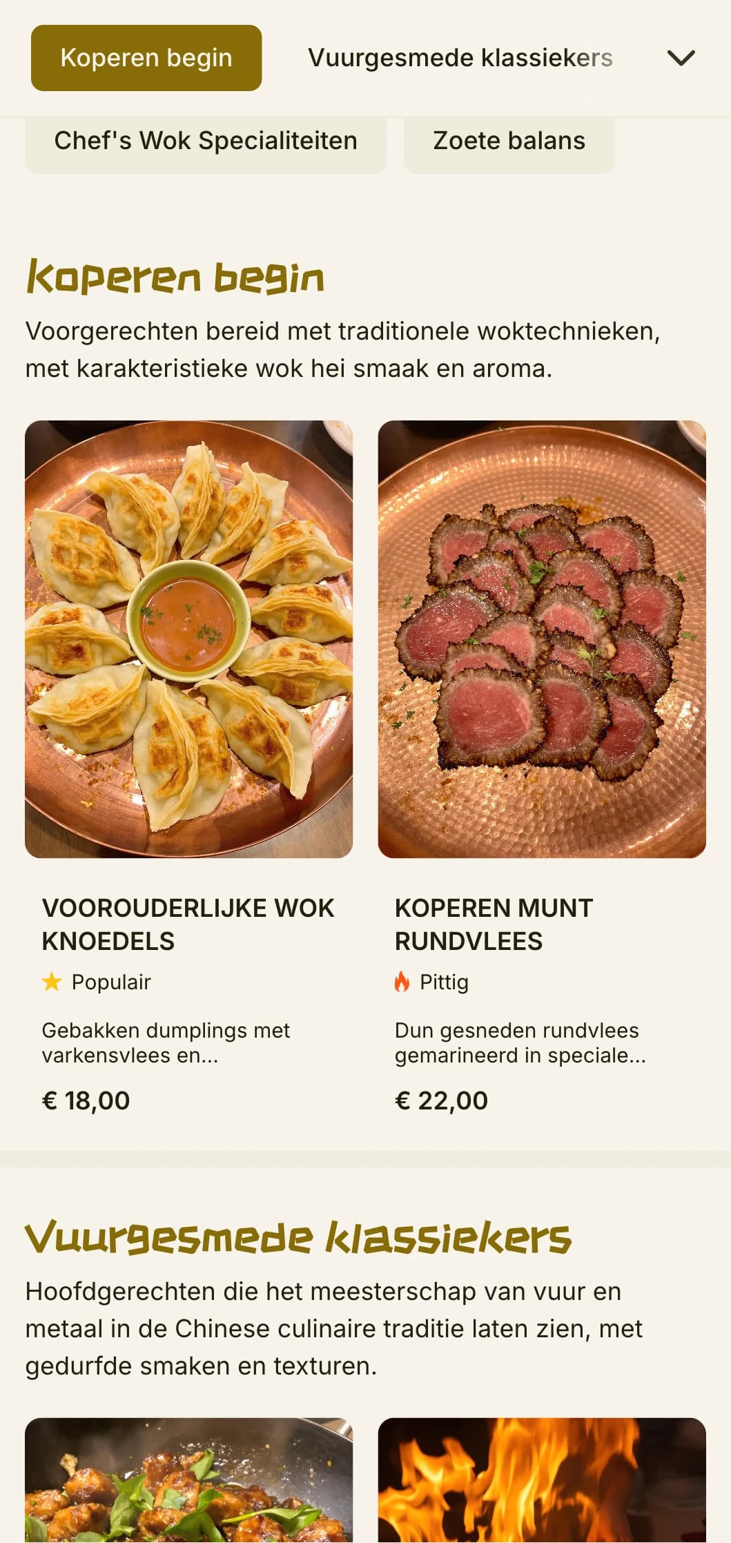 Warm Chinees menuontwerp geïnspireerd op traditioneel wokken, met koperen accenten en authentieke culinaire elementen.