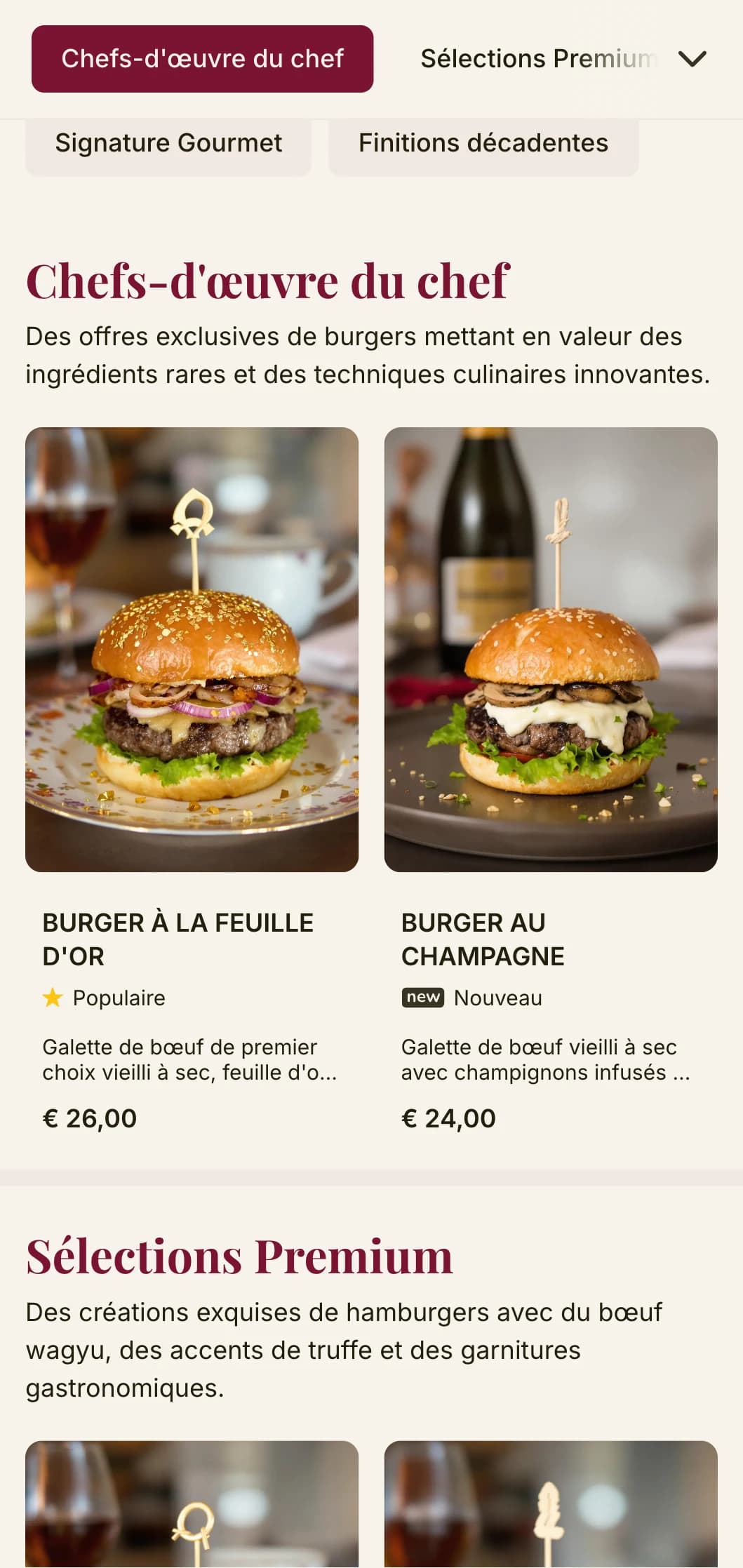 Un restaurant de burgers haut de gamme avec une typographie de qualité et une palette de couleurs riche pour une expérience de burgers haut de gamme.