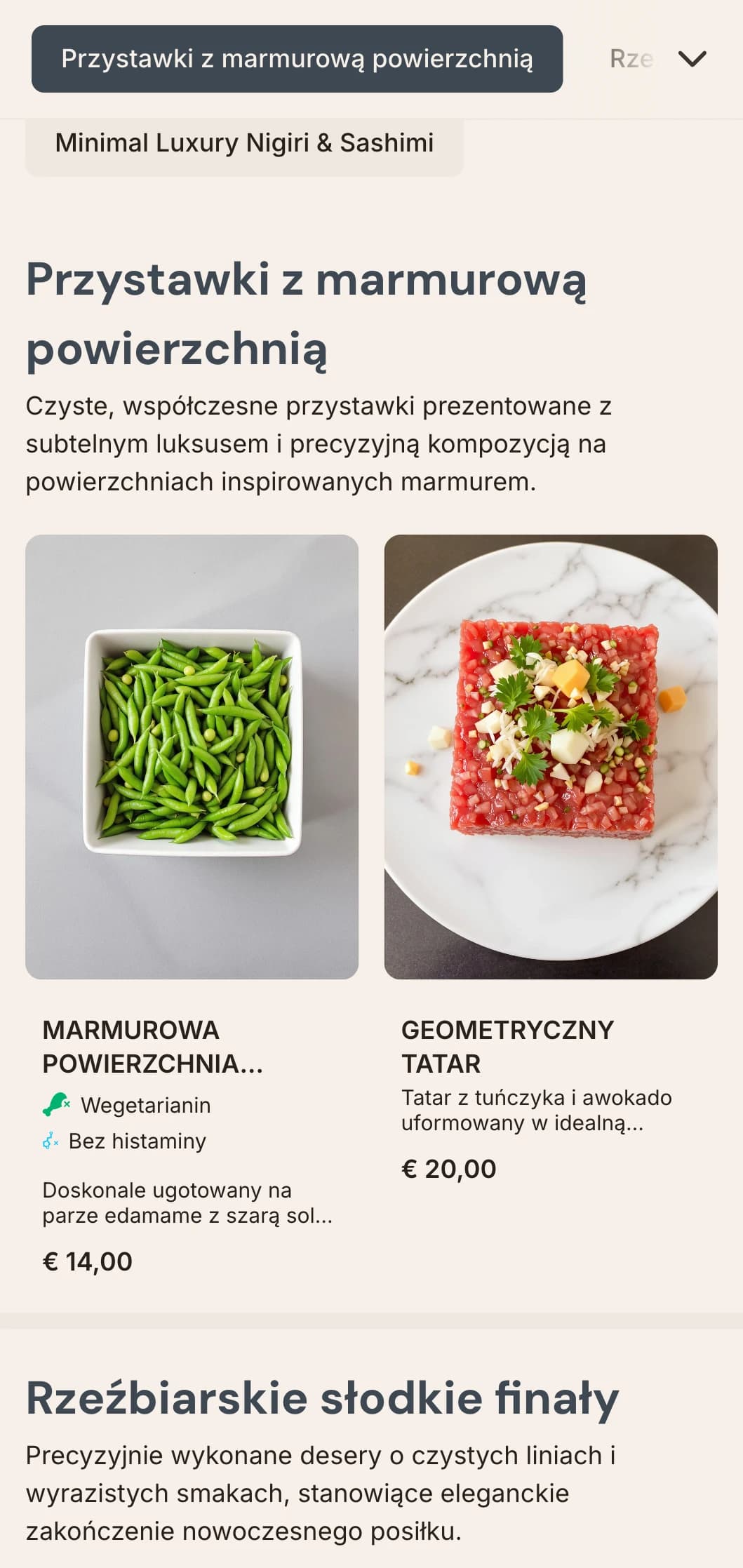 Luksusowe współczesne menu sushi z subtelnymi marmurowymi teksturami i czystym minimalistycznym wystrojem.