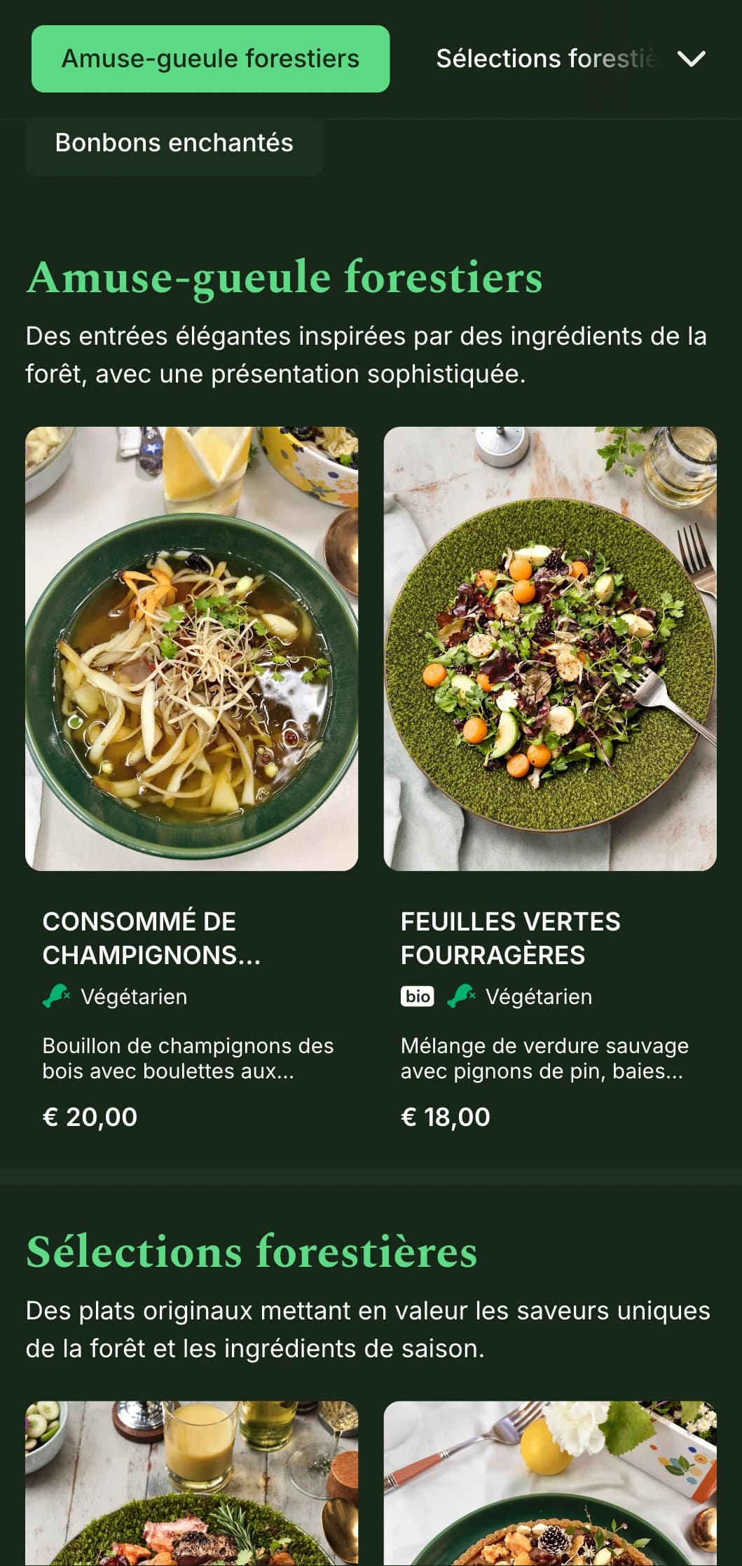 Un menu sophistiqué inspiré par les tons profonds de la forêt et les textures naturelles, parfait pour une cuisine d'inspiration forestière.