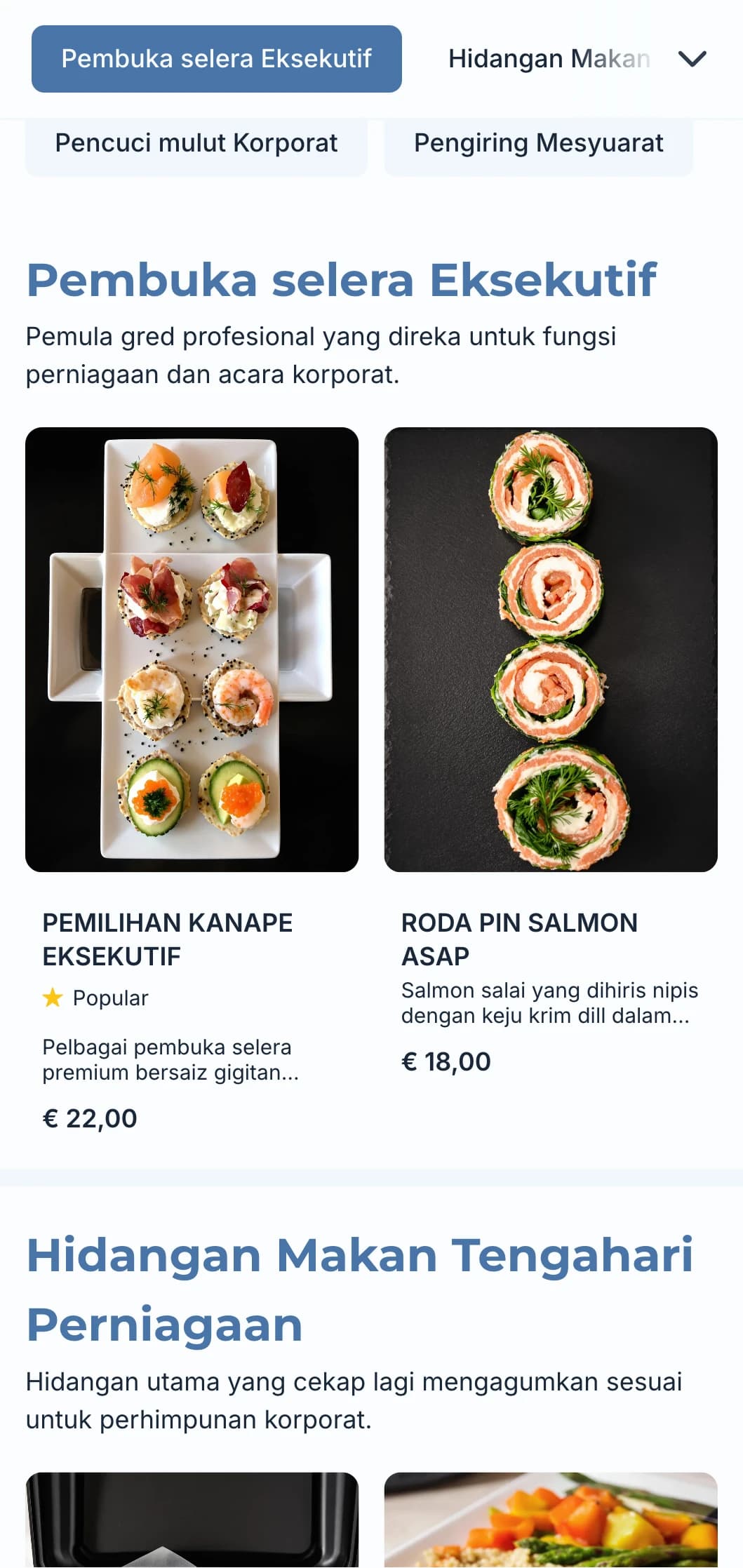 Perkhidmatan katering profesional yang direka untuk mesyuarat perniagaan dan acara korporat, memberi tumpuan kepada perkhidmatan yang cekap dan persembahan yang berkualiti.