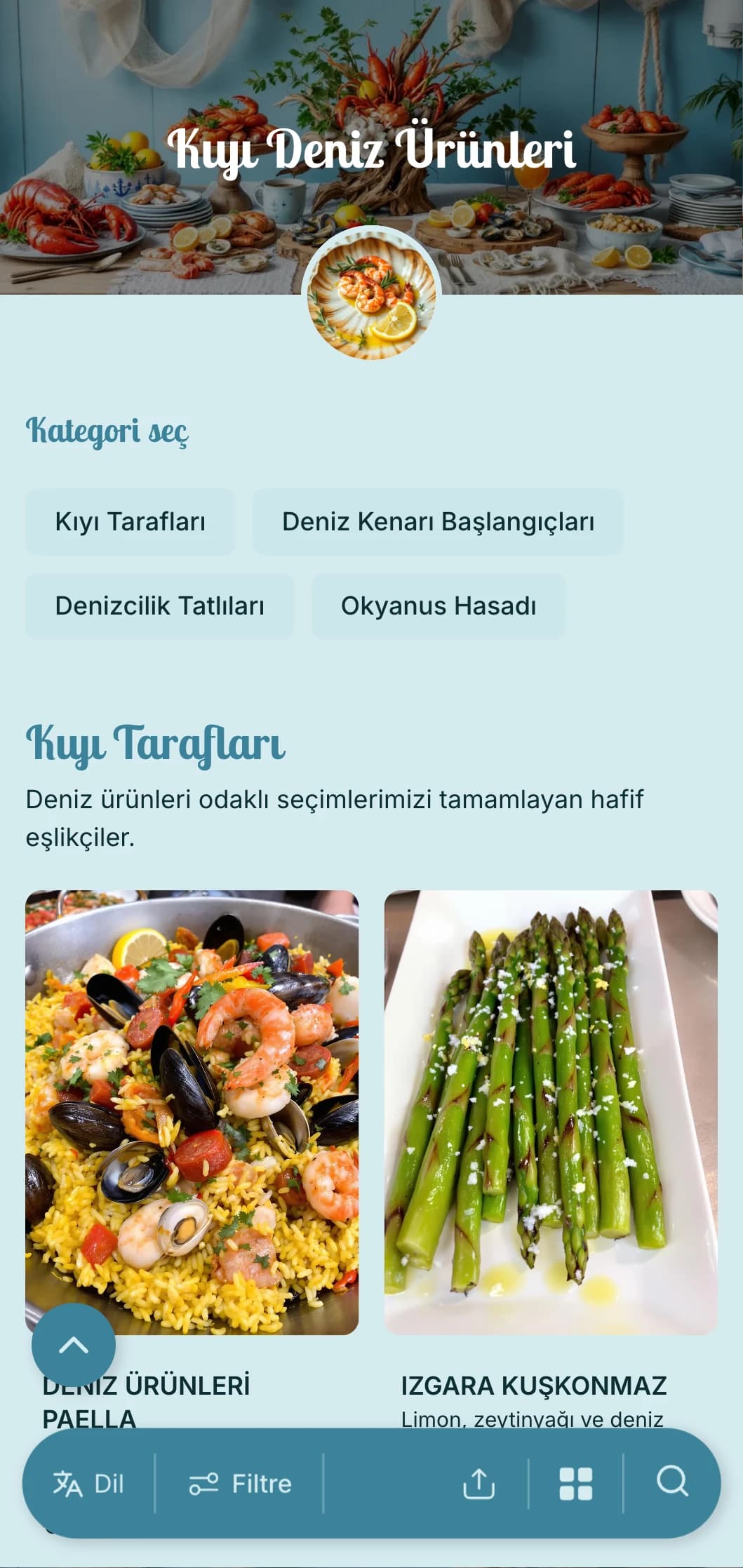 Sahil etkinlikleri ve deniz ürünleri sevenler için okyanus avları, deniz unsurları ve kıyı sunumu içeren taze deniz ürünleri odaklı catering.