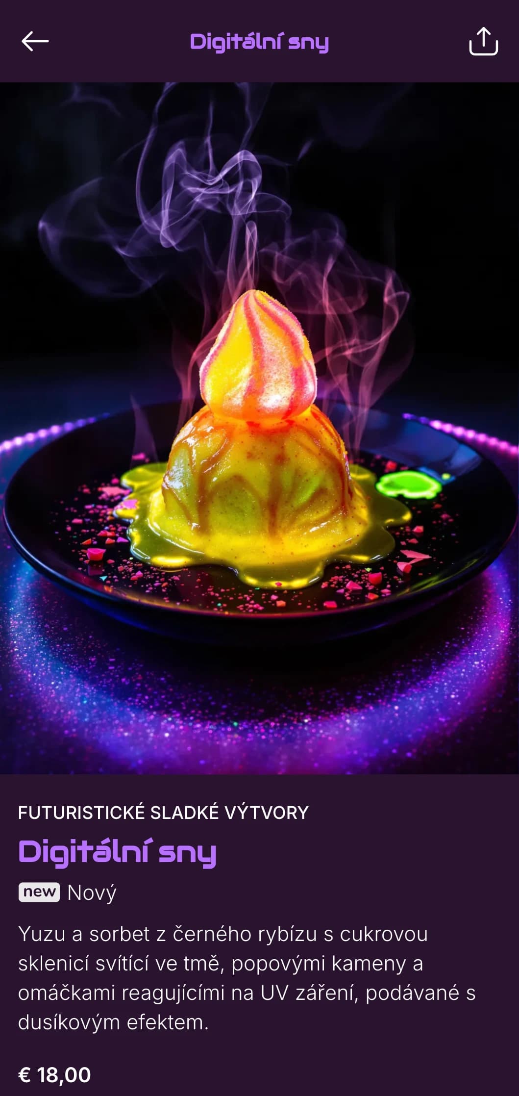 Ultramoderní sushi fusion menu se zářivě fialovými neonovými akcenty na tmavém pozadí pro módní noční podniky.