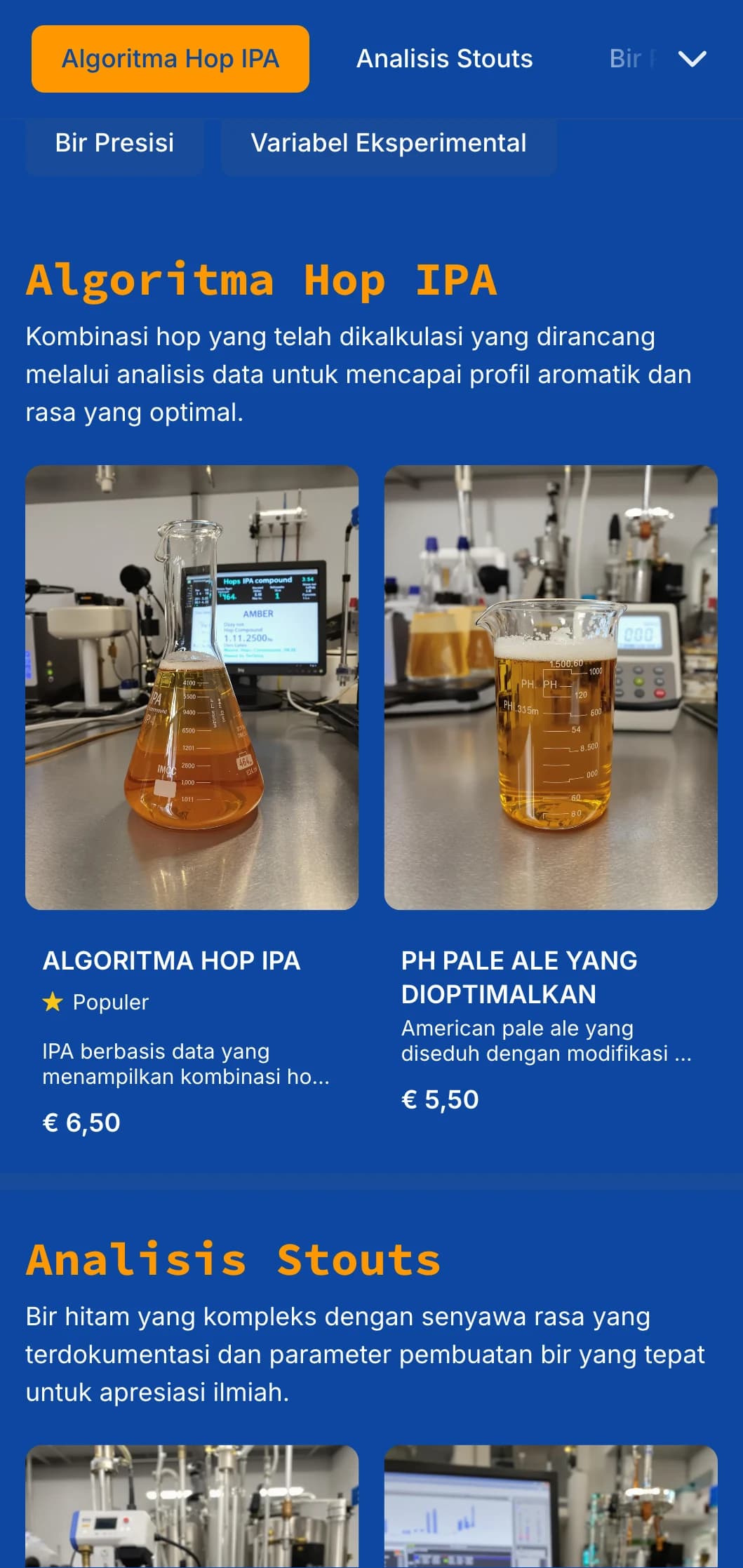 Desain teknis dan presisi dengan estetika cetak biru dan elemen visualisasi data, ideal untuk perusahaan pembuatan bir yang menyoroti proses ilmiah.