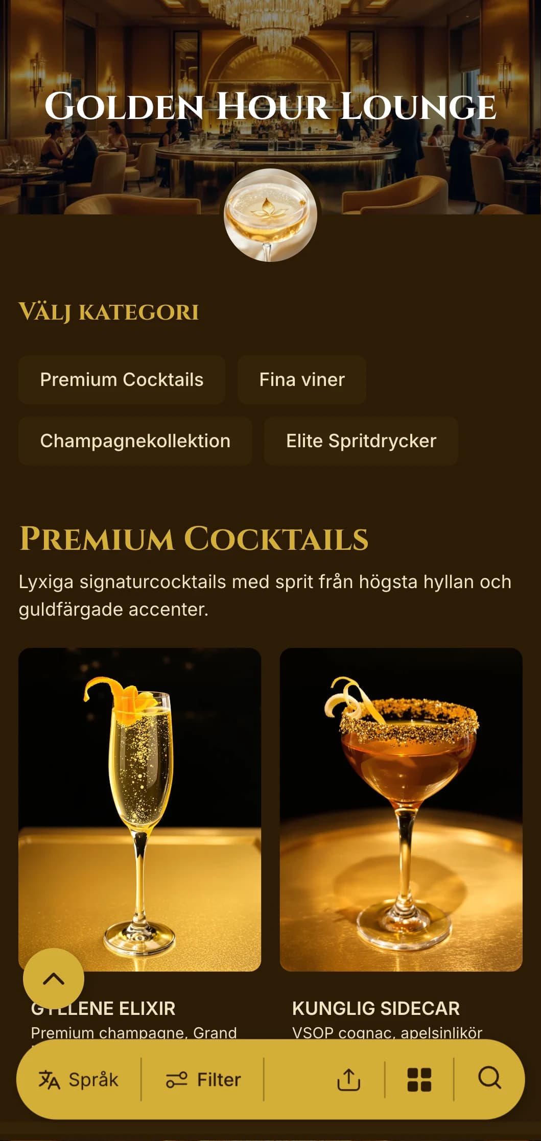 Lyxig guldfärgad design för premiumcocktailbarer och VIP-lounger.