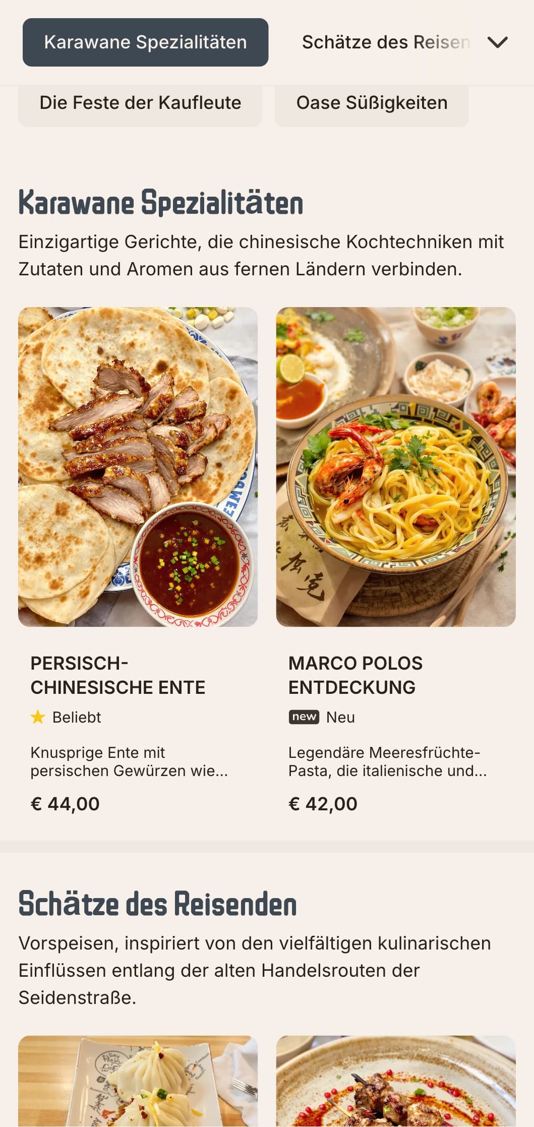 Elegantes chinesisches Menüdesign, inspiriert von der historischen Seidenstraße, mit raffinierten kulturellen Elementen und einer anspruchsvollen Farbpalette.