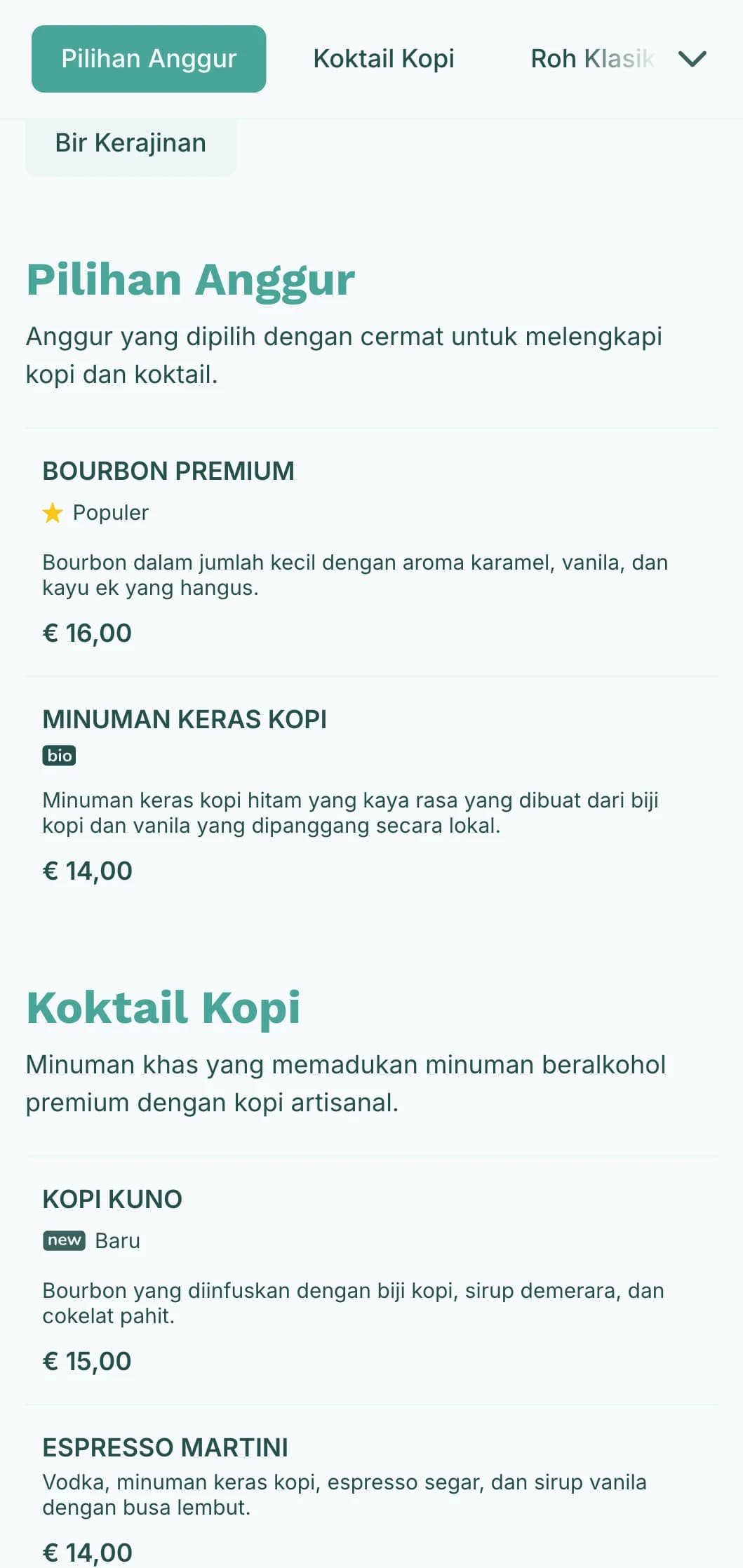 Desain teal yang segar untuk kedai kopi dan koktail hibrida.
