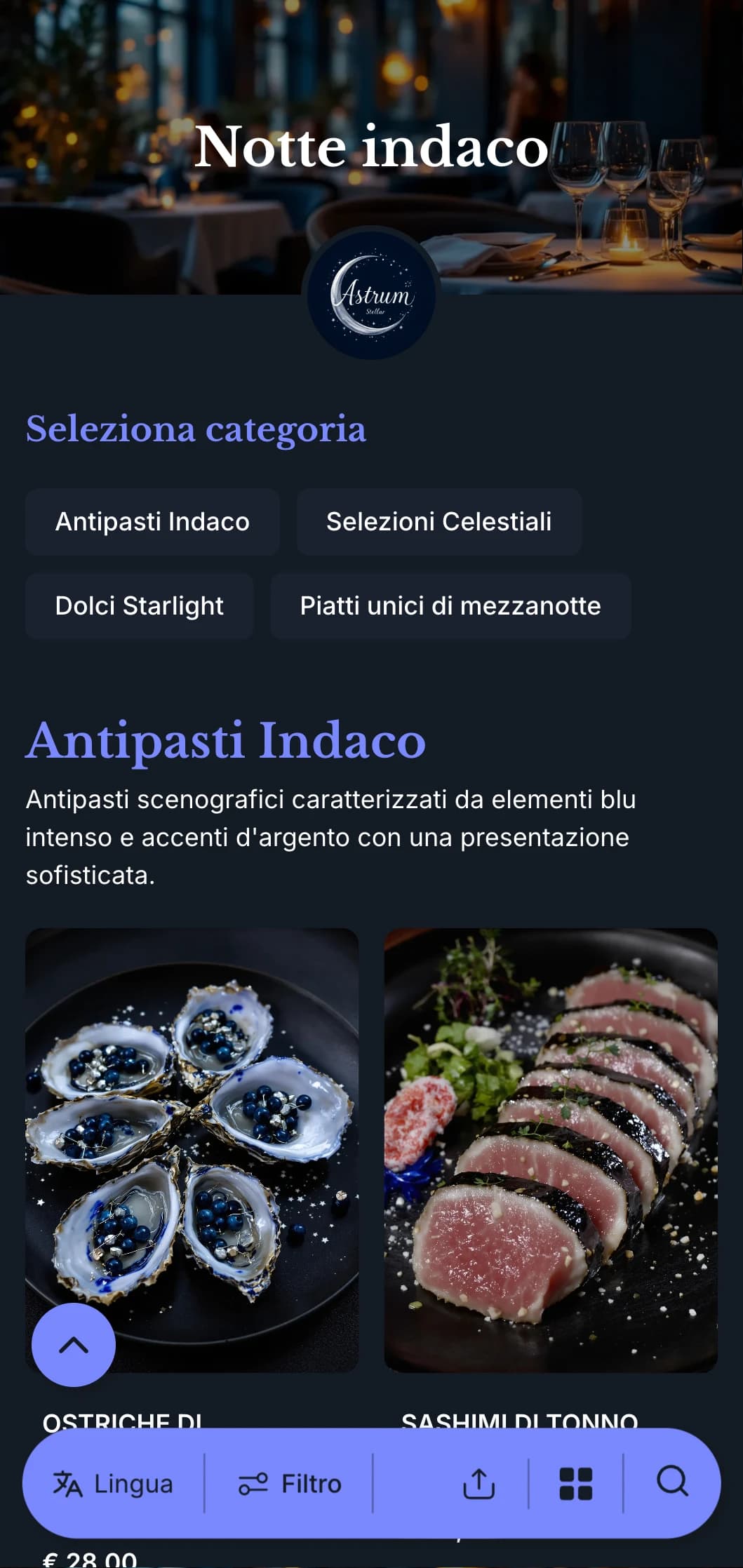 Un menu di colore indaco intenso con toni blu notte e accenti d'argento, pensato per una cena sofisticata.