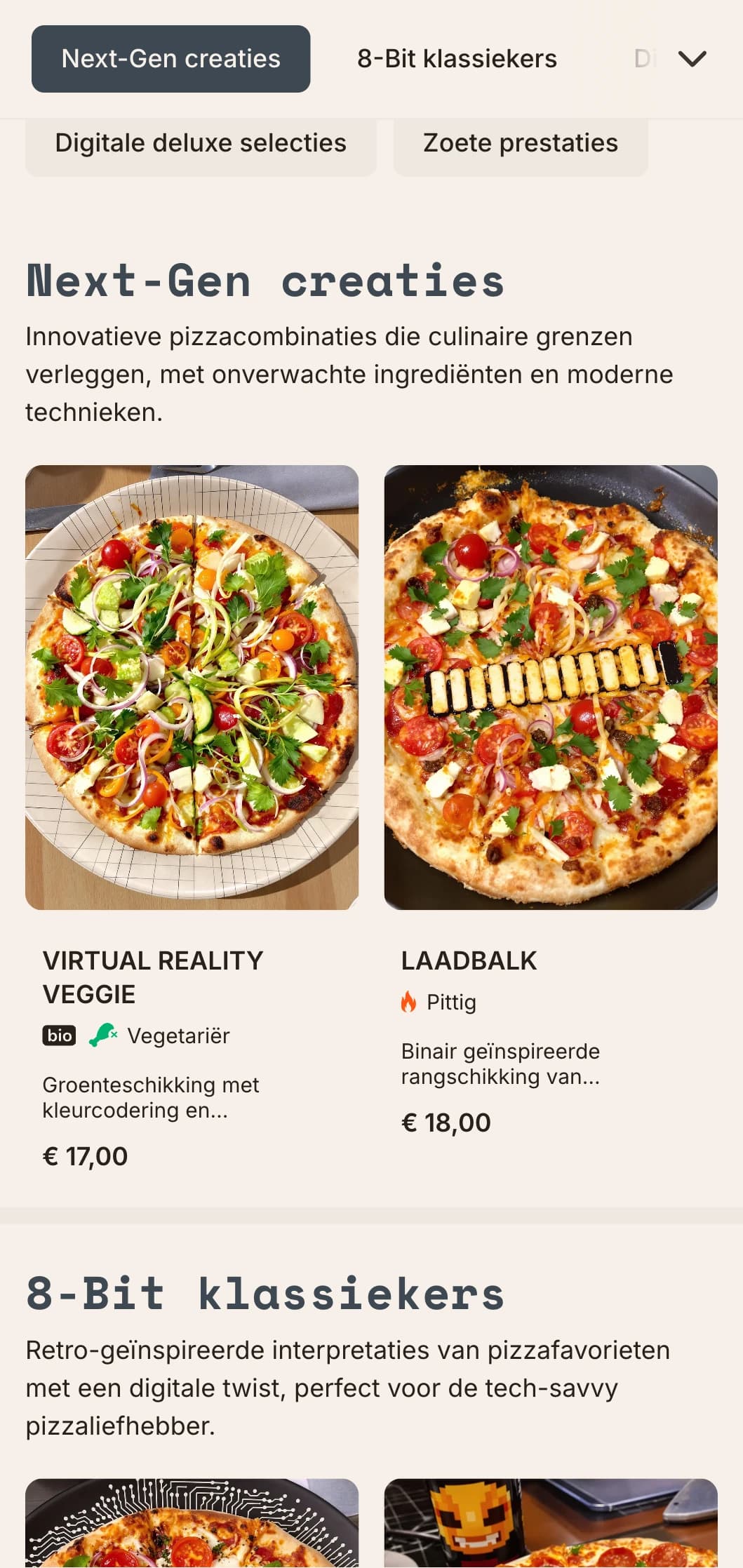 Op technologie geïnspireerd modern pizzamenu met digitale esthetiek voor innovatieve pizzaconcepten.
