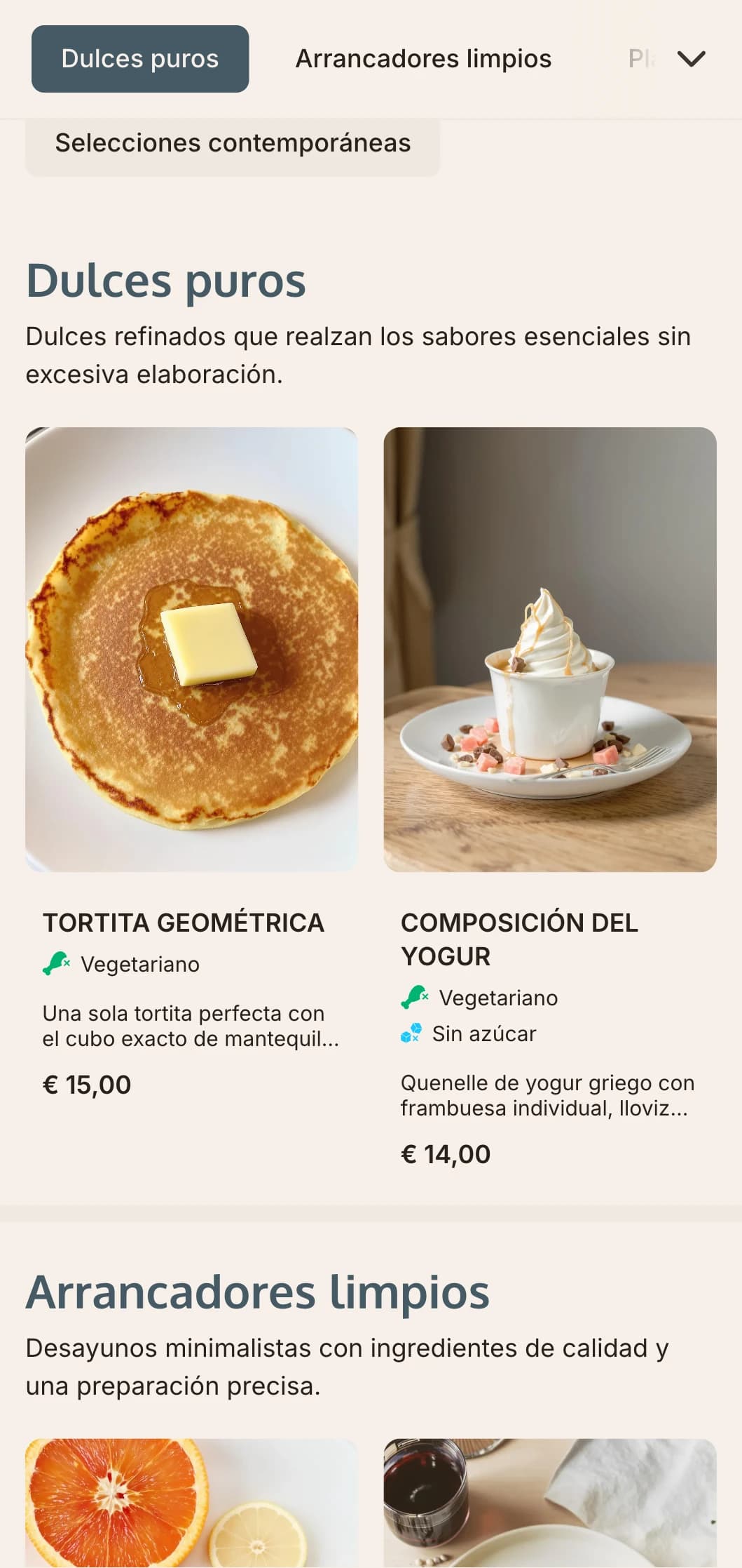 Menú matinal contemporáneo de líneas depuradas, raciones precisas e innovadoras combinaciones de ingredientes.