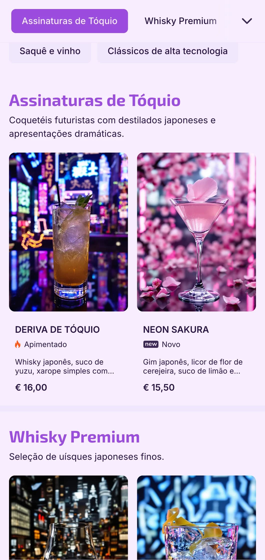Design em roxo profundo e preto com elementos tecnológicos para bares futuristas de inspiração japonesa.