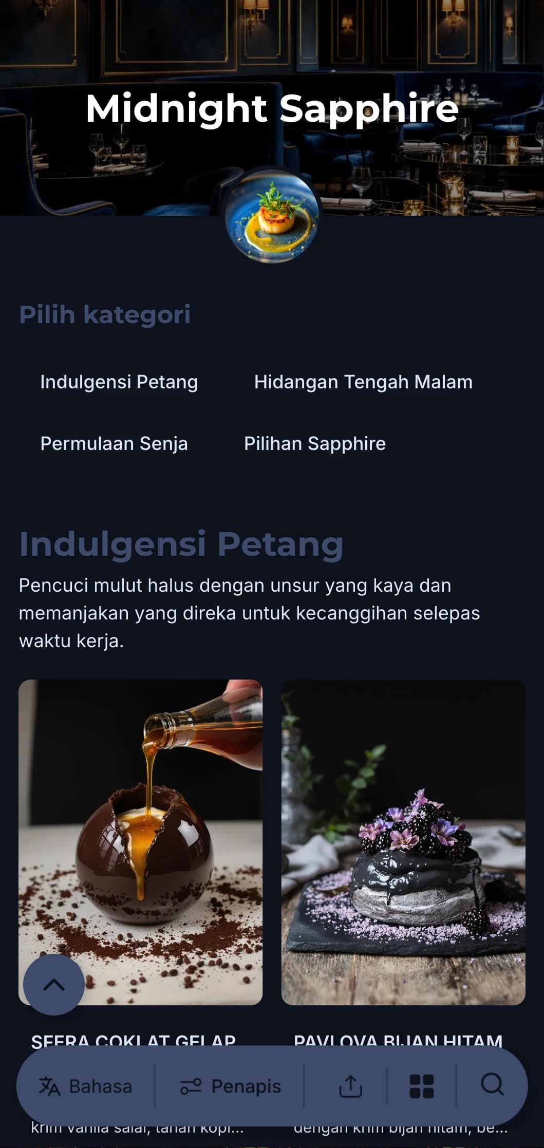 Konsep menjamu selera selepas waktu pejabat yang canggih dengan rona biru pekat dan elemen mewah yang halus untuk pengalaman kulinari yang mengasyikkan.