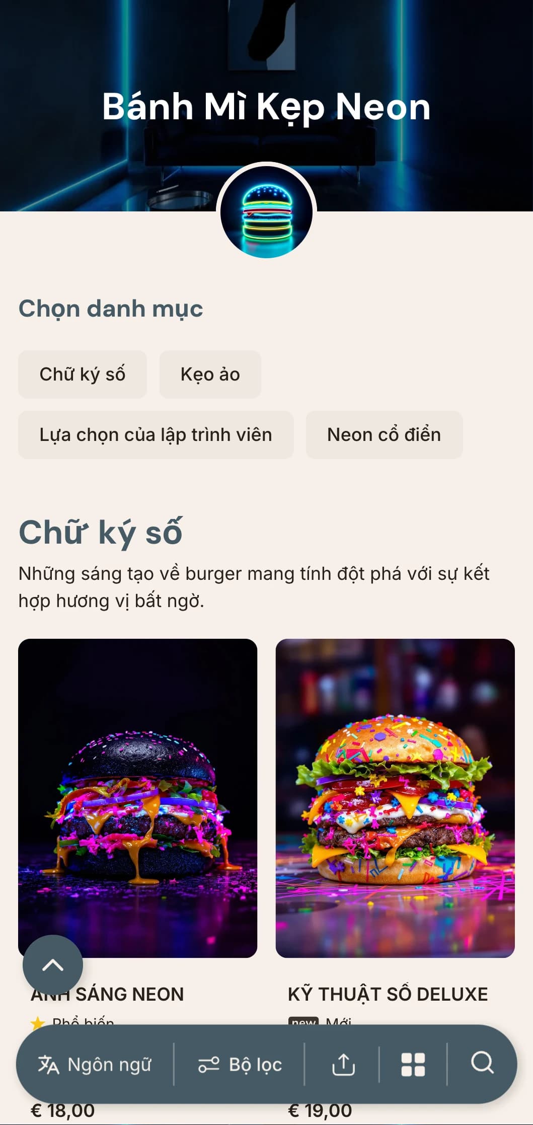 Quán bar burger lấy cảm hứng từ cuộc sống về đêm sôi động với điểm nhấn là đèn neon và không khí đô thị đương đại.
