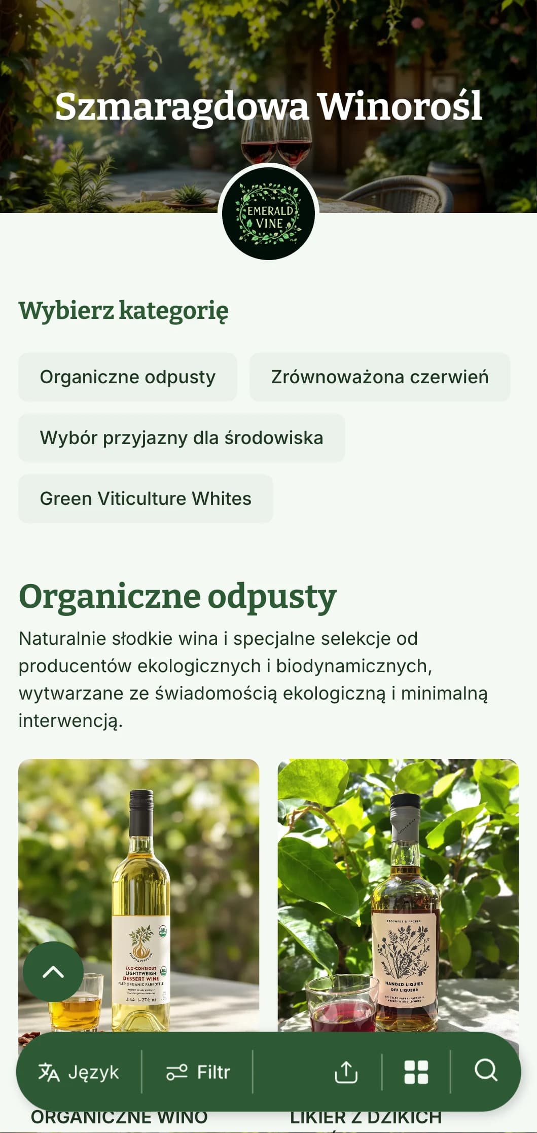 Bujny zielony szablon karty win z elementami botanicznymi i naturalnymi teksturami, idealny do selekcji win organicznych i restauracji ogrodowych.