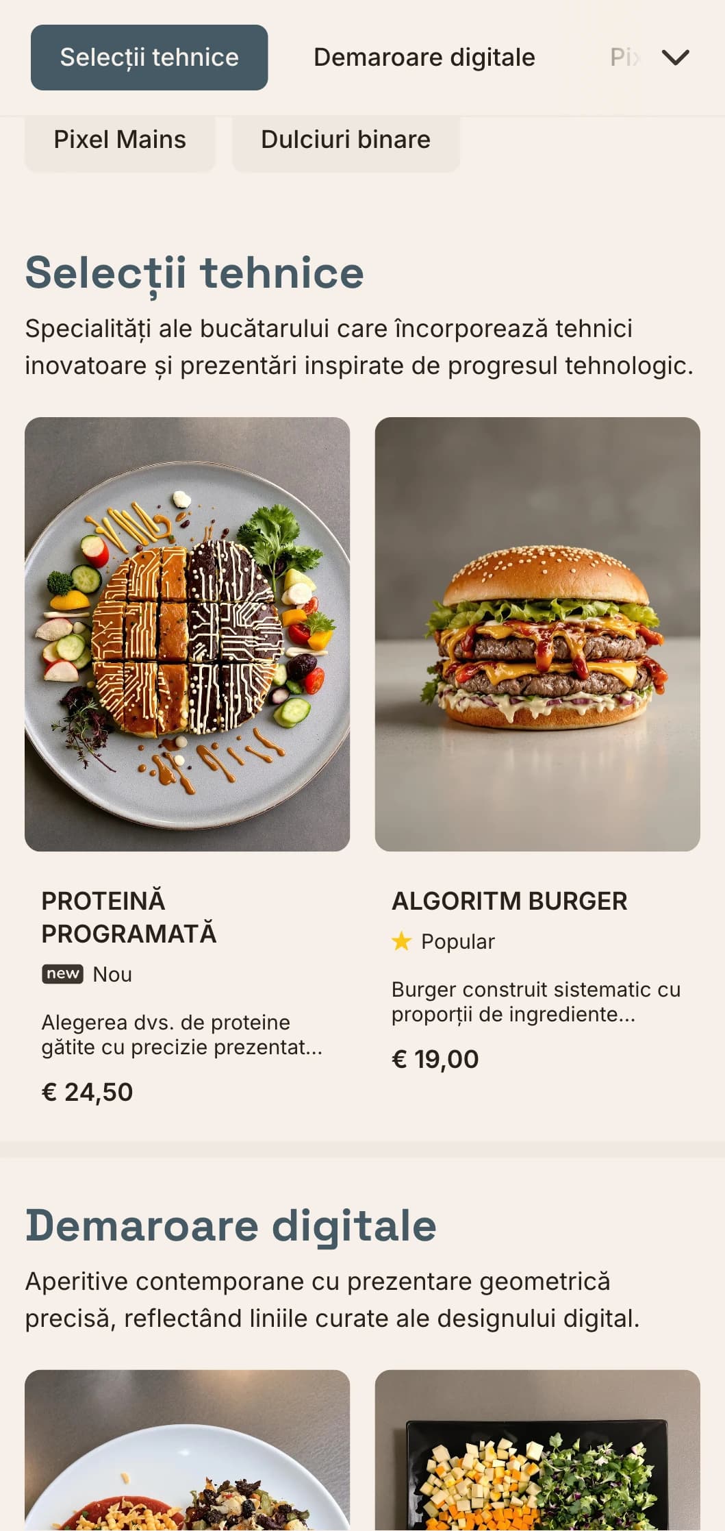 Design de meniu de prânz de inspirație digitală, cu estetică tehnologică și aspect de grilă precis, perfect pentru restaurantele din districtele de inovare și din apropierea companiilor de tehnologie.