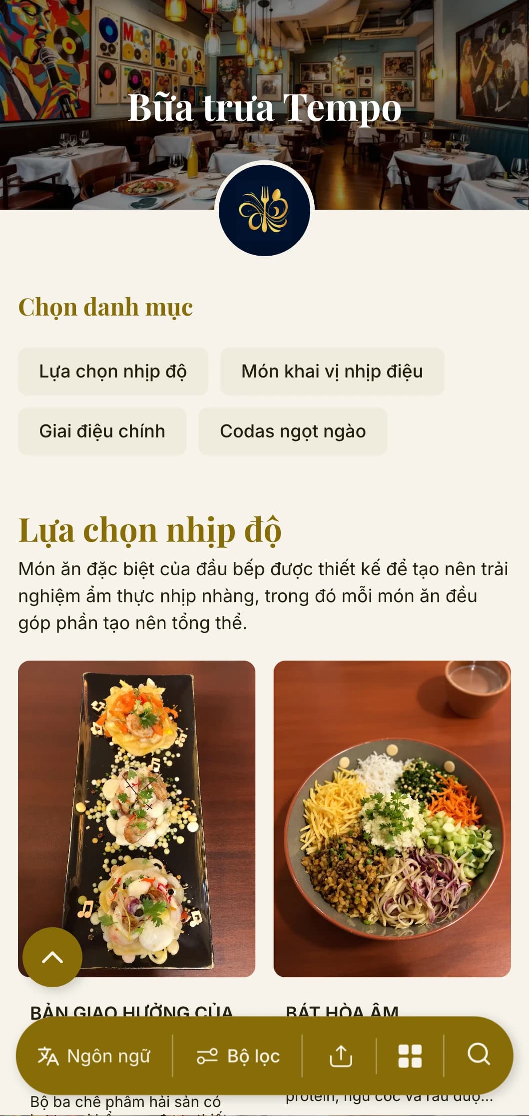 Thiết kế thực đơn bữa trưa năng động, lấy cảm hứng từ nhịp điệu với các yếu tố âm nhạc và bố cục trôi chảy, lý tưởng cho các nhà hàng gần rạp hát và địa điểm văn hóa.