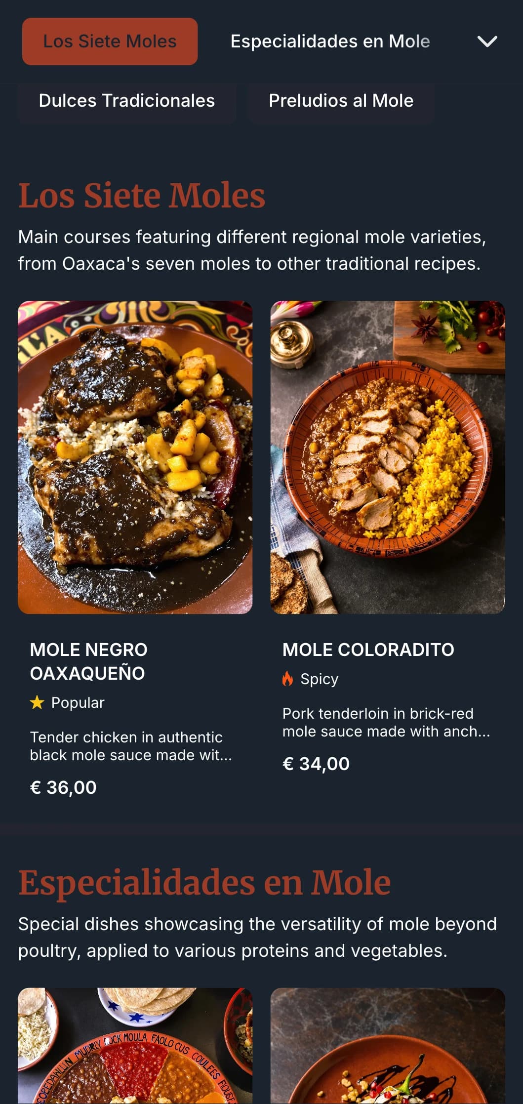 Rich and complex menu showcasing Mexico's diverse mole sauces featuring deep terracotta tones, traditional preparations, and regional variations.