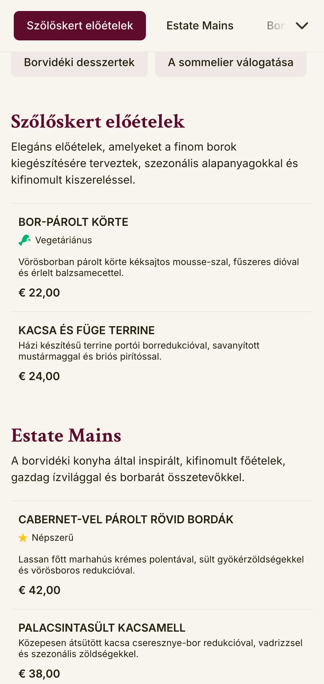 Kifinomult vacsora menü borok által inspirált színekkel és elegáns tipográfiával, amelyet kiterjedt borprogrammal rendelkező létesítmények számára terveztek.