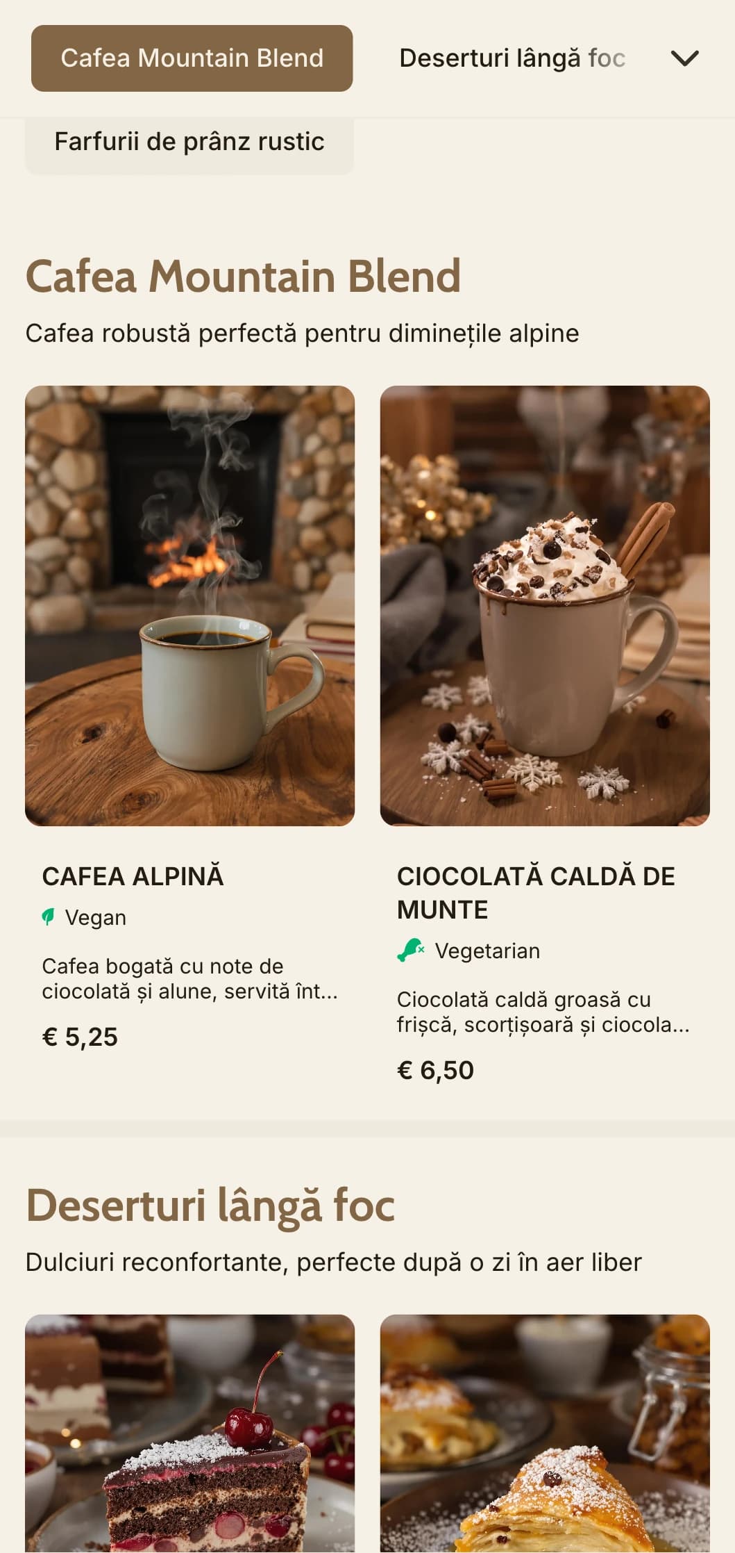Design confortabil inspirat din lemn cu elemente montane pentru cafenele alpine și restaurante de cabană.