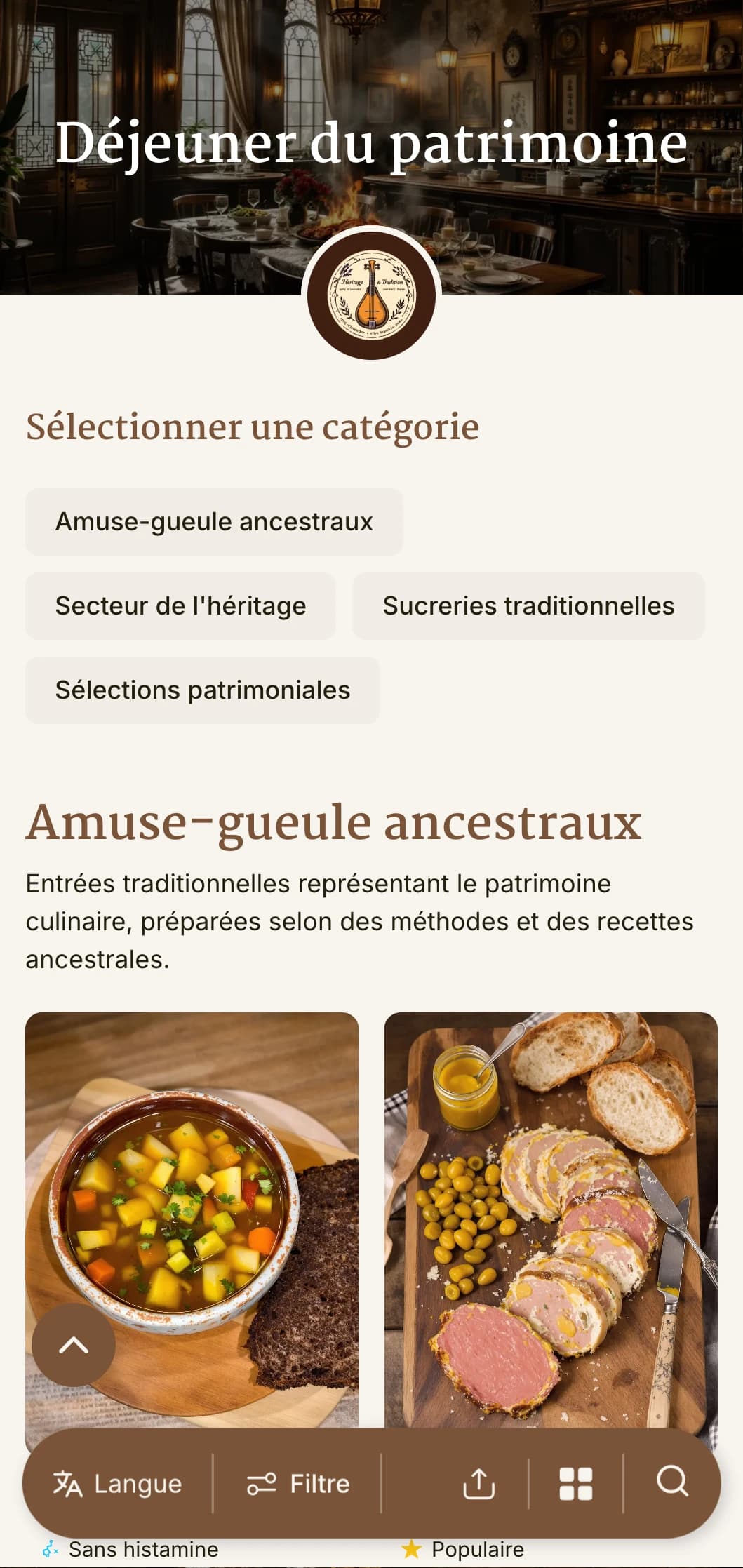 Conception d'un menu de déjeuner traditionnel, inspiré du patrimoine, avec des éléments historiques et une typographie intemporelle, parfait pour les restaurants historiques et les établissements ayant une importance culturelle.
