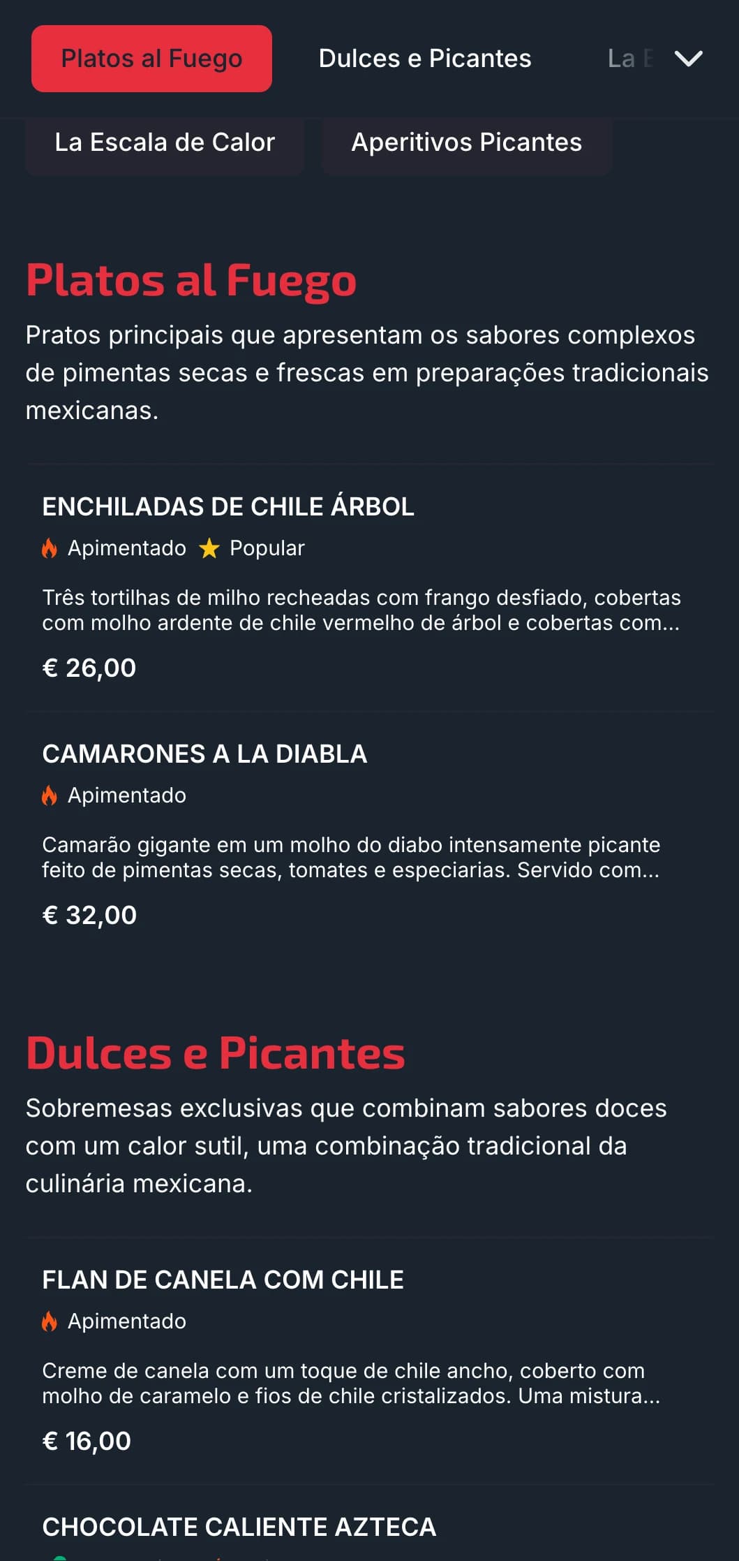 Cardápio ousado e apimentado com toques vibrantes de pimentão vermelho, pratos com foco no calor e salsas especiais para clientes aventureiros.