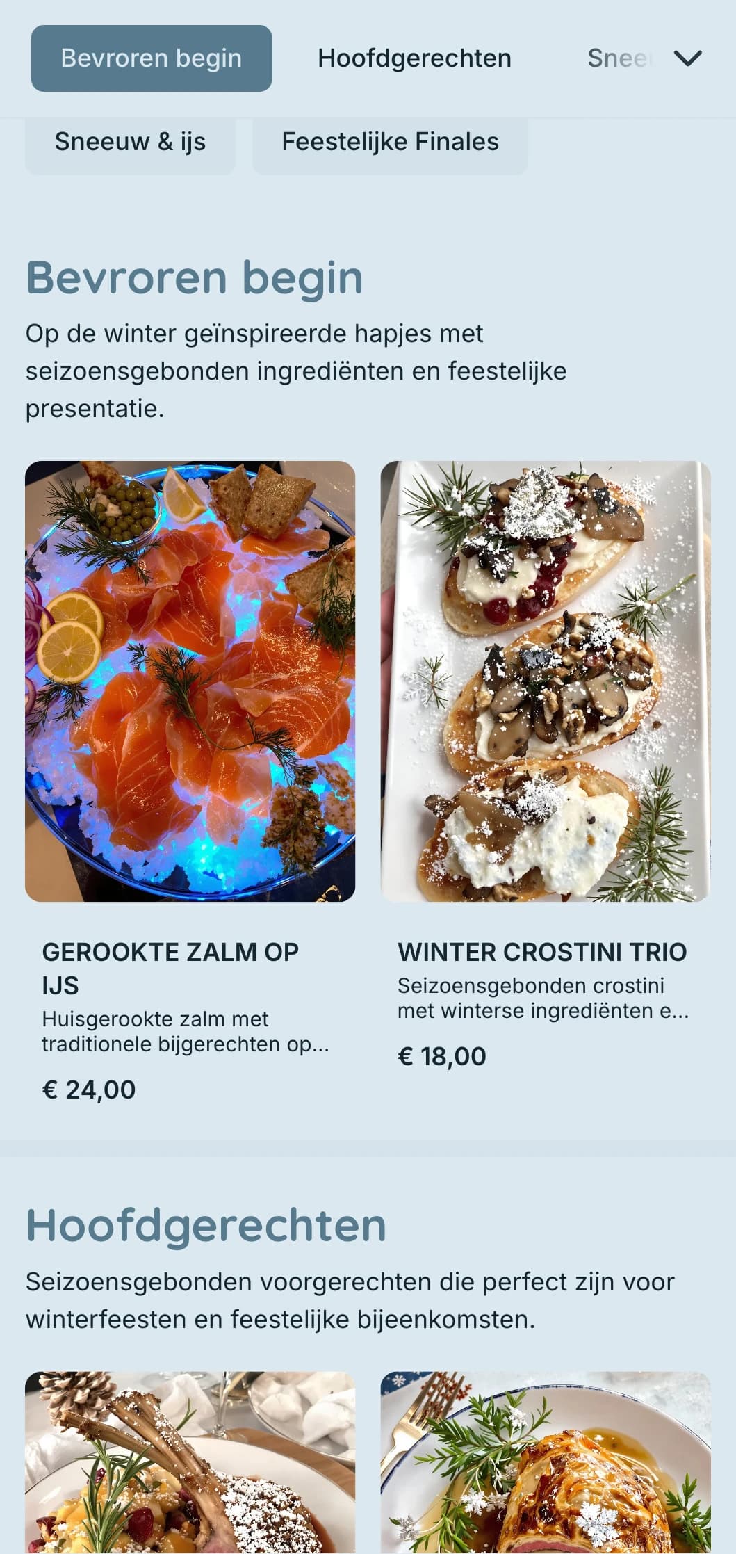 Magische catering in winterthema met seizoensgebonden ingrediënten, dramatische presentatie en gezellige elementen voor vakantiefeesten en winterevenementen.