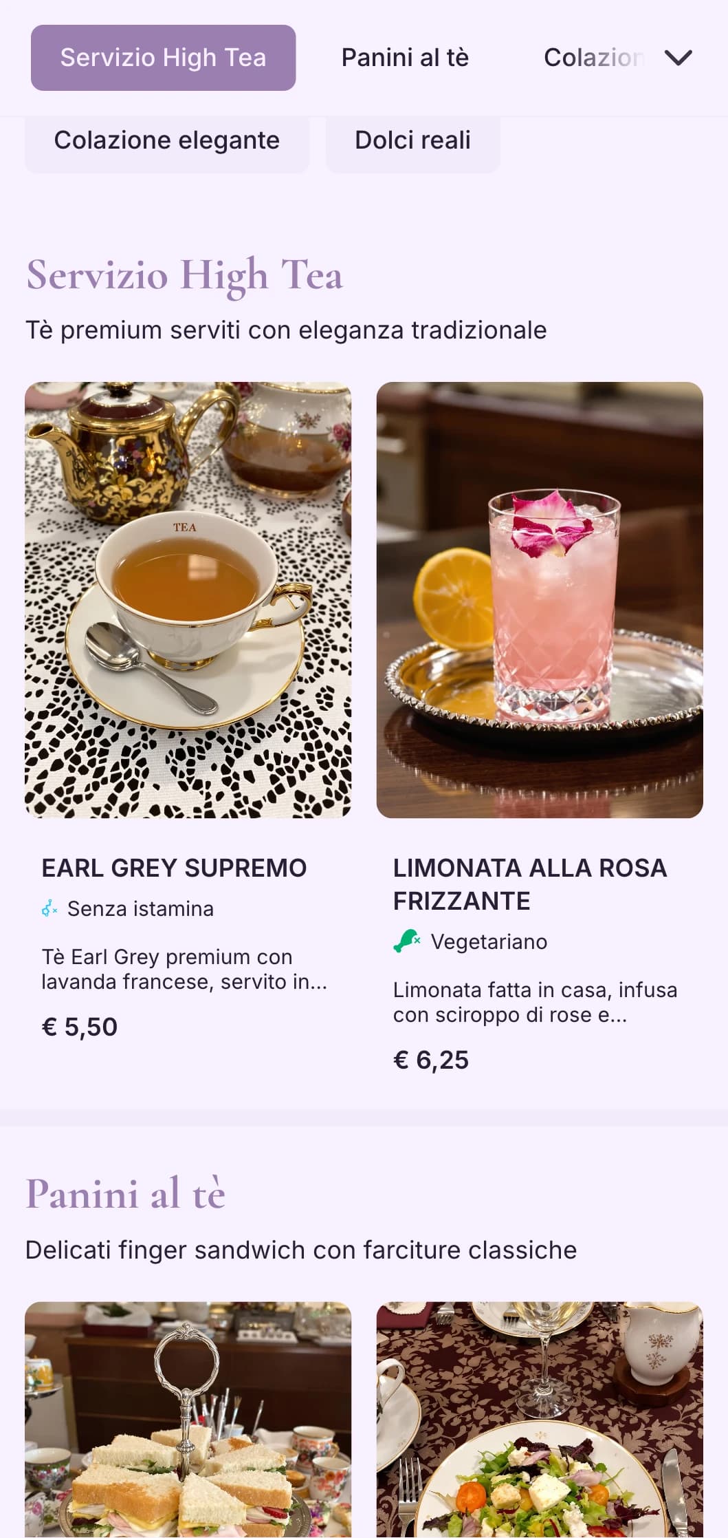 Sofisticato design viola per servizi da tè di alto livello ed eleganti caffè pasticceria.