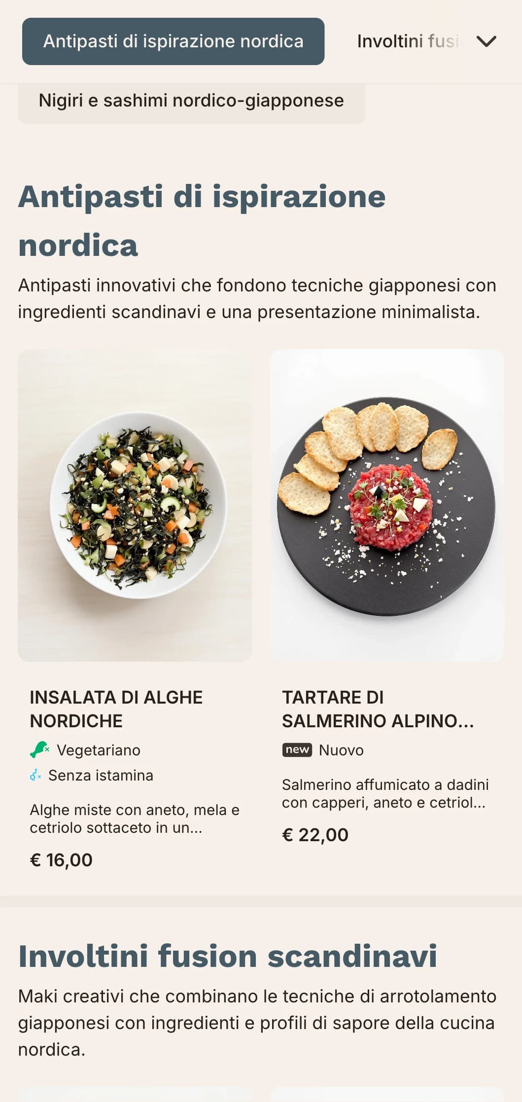 Menu di sushi fusion contemporaneo che combina le tradizioni giapponesi con il minimalismo scandinavo, caratterizzato da linee pulite e blu tenui.