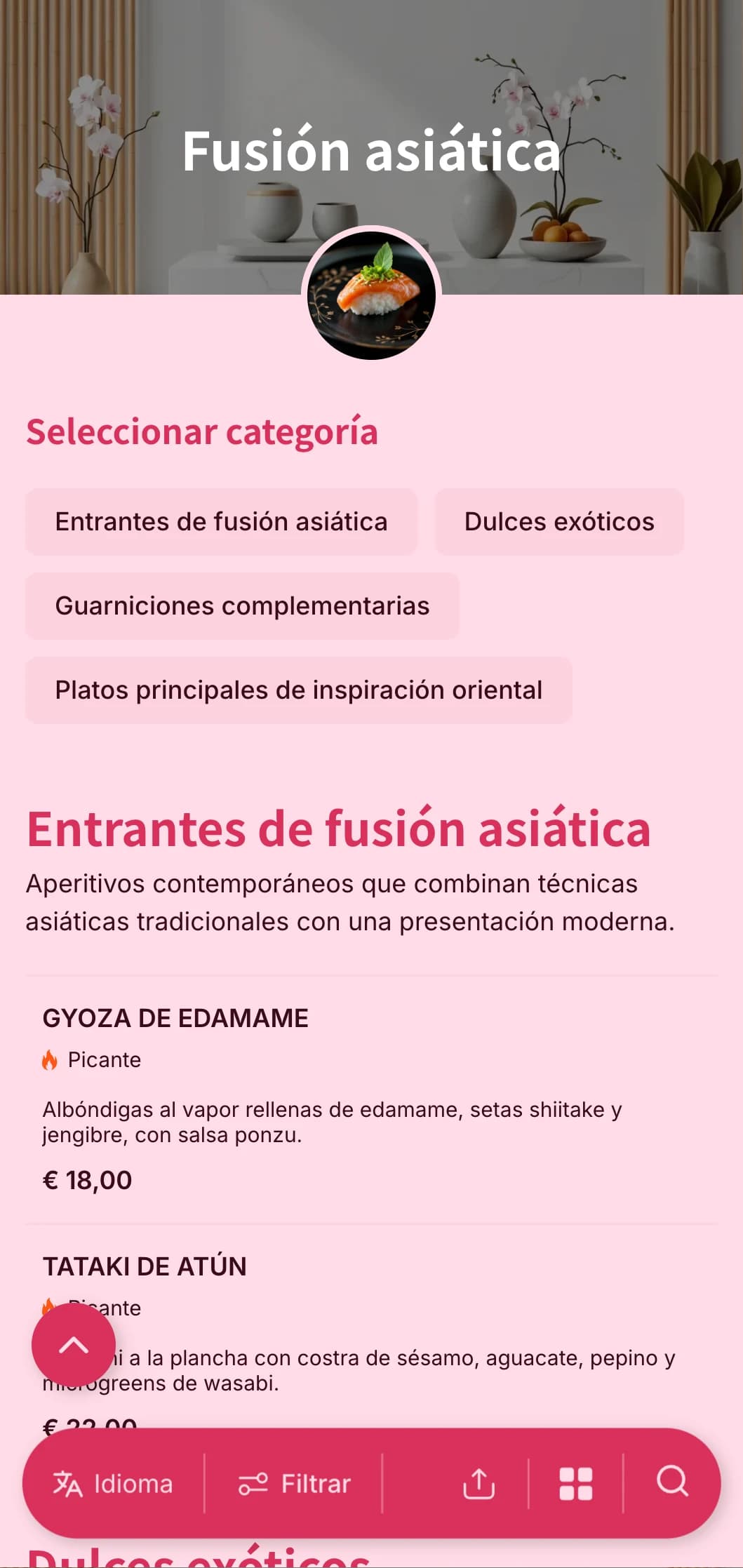Catering contemporáneo de inspiración asiática que combina técnicas tradicionales con una presentación moderna para eventos de moda y reuniones internacionales.