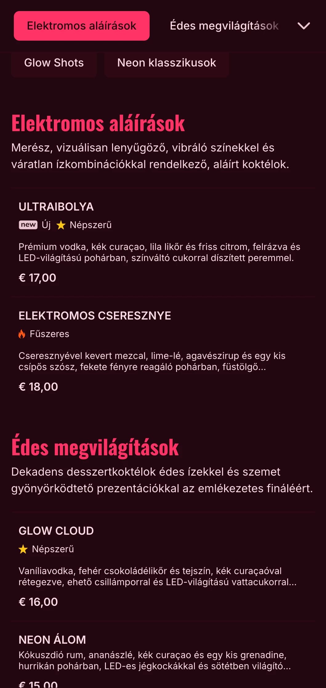 Merész, élénk, a neon éjszakai élet által inspirált menüterv, amely tökéletes a kortárs koktélbárok és éjszakai klubok számára.