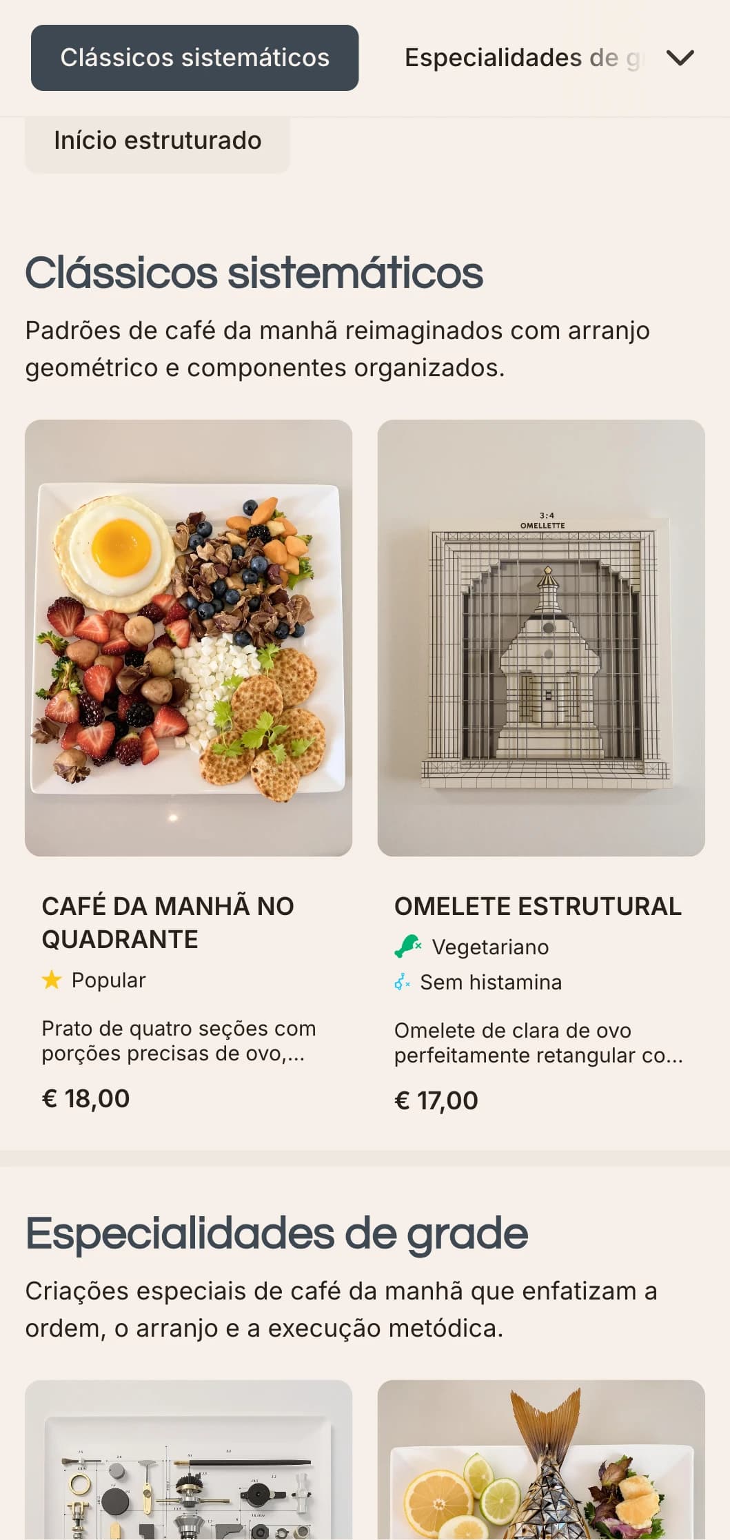 Opções matinais precisamente organizadas com apresentação modular e combinações de sabores contemporâneos.