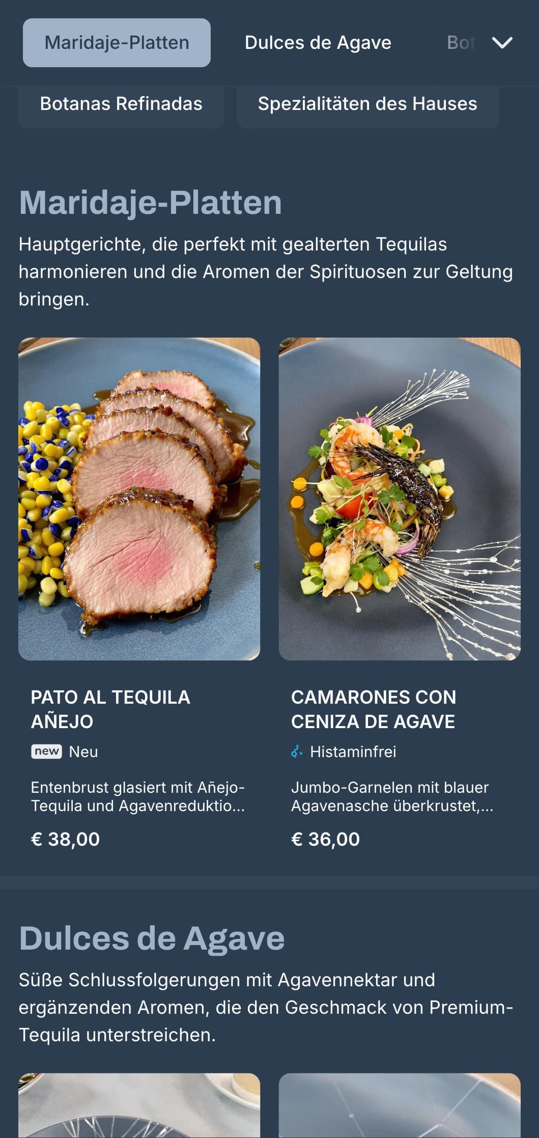 Elegantes und raffiniertes Tequila-Bar-Menü mit silbernen und blaugrauen Farbtönen, erstklassigen Spirituosen und raffinierten mexikanischen kleinen Gerichten.