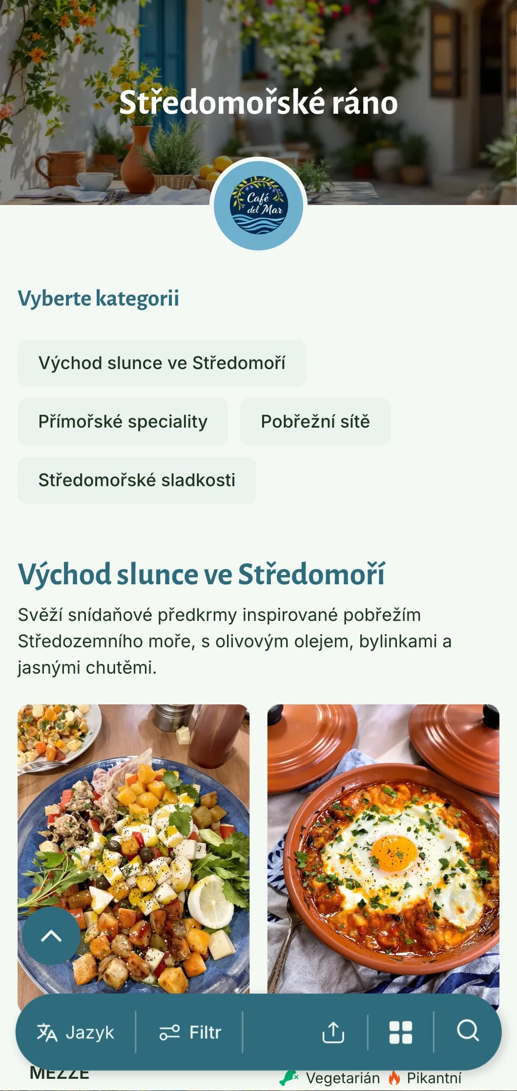Světlá, vzdušná šablona na brunch se středomořskými vlivy, ideální pro kavárny nabízející zdravé snídaňové pokrmy na bázi olivového oleje.