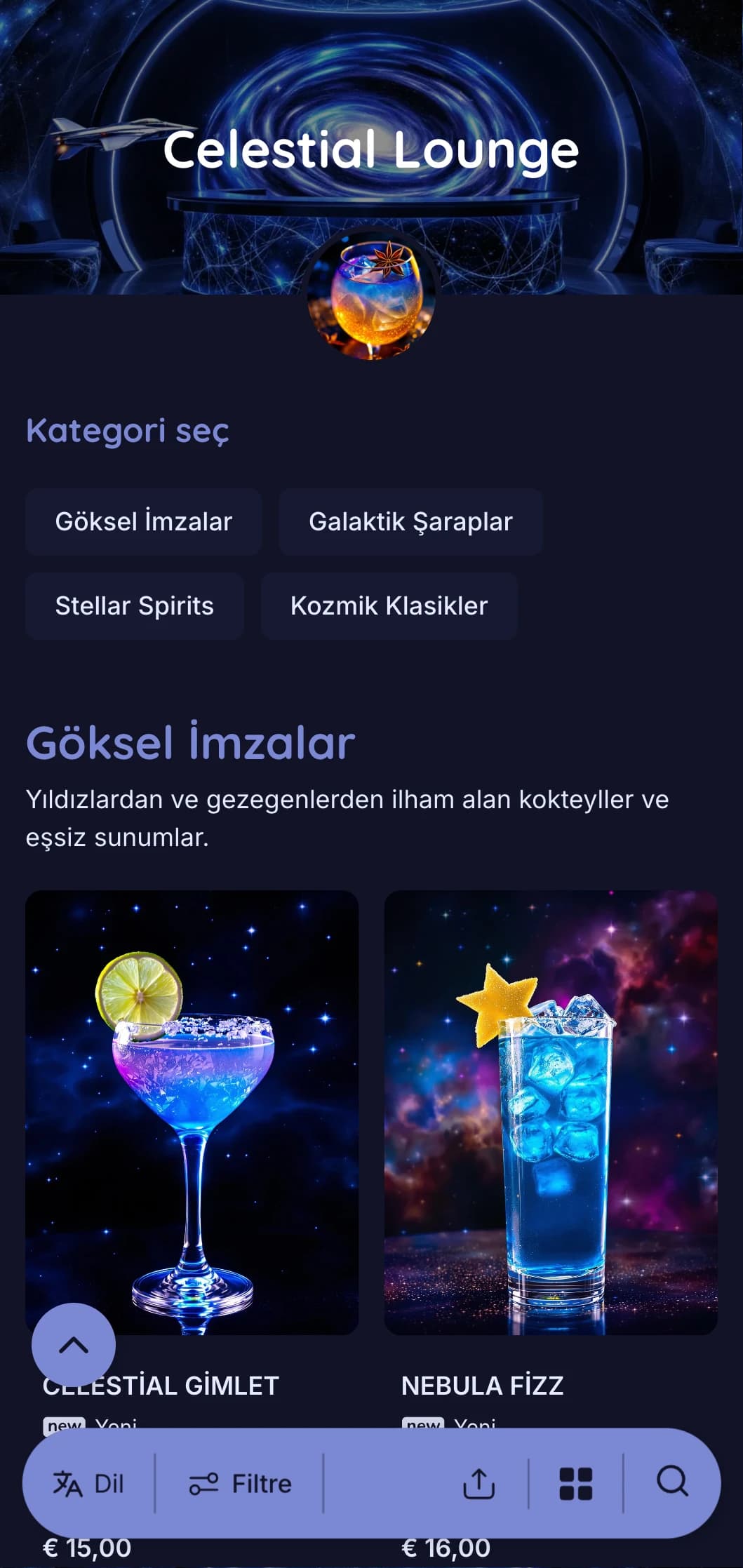 Uzay temalı kokteyl barlar için göksel öğeler içeren, yıldızlardan ilham alan mavi tasarım.