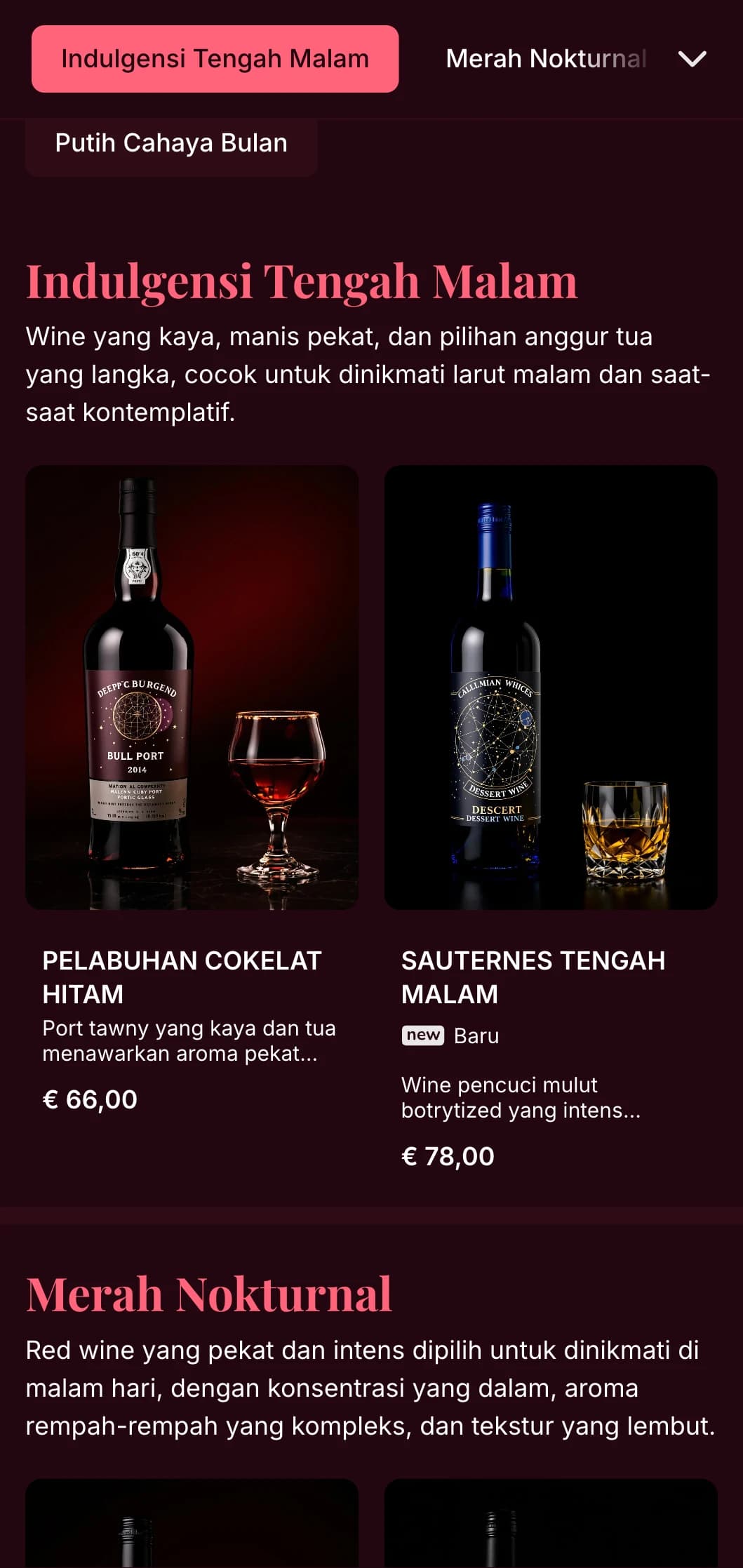 Templat daftar anggur yang sangat dramatis dengan aksen merah muda yang mencolok dengan latar belakang merah anggur yang pekat, ideal untuk lounge anggur eksklusif dan tempat hiburan malam.