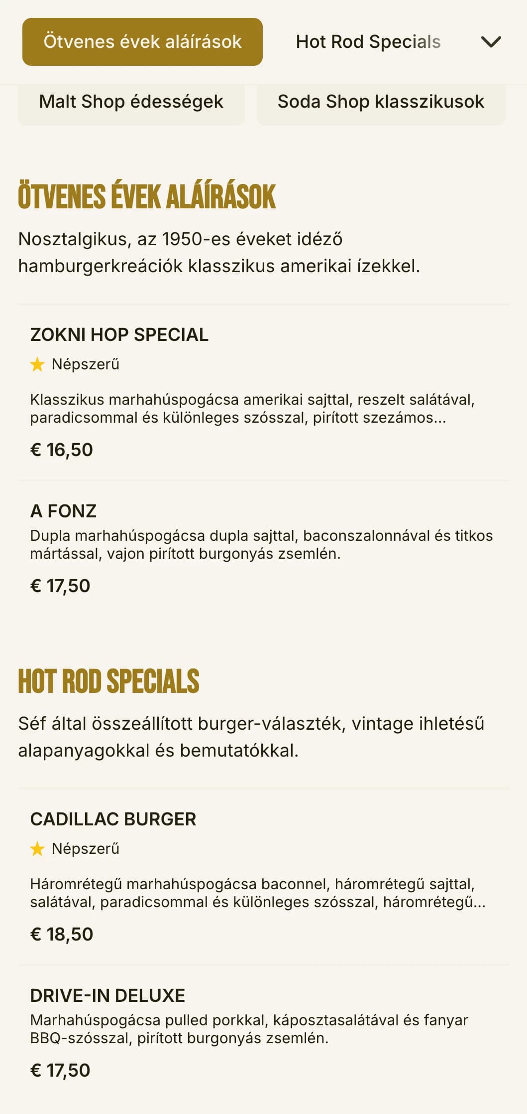 Az 1950-es évek ihlette hamburgerbolt kockás táblával és nosztalgikus üdítőbolt elemekkel.