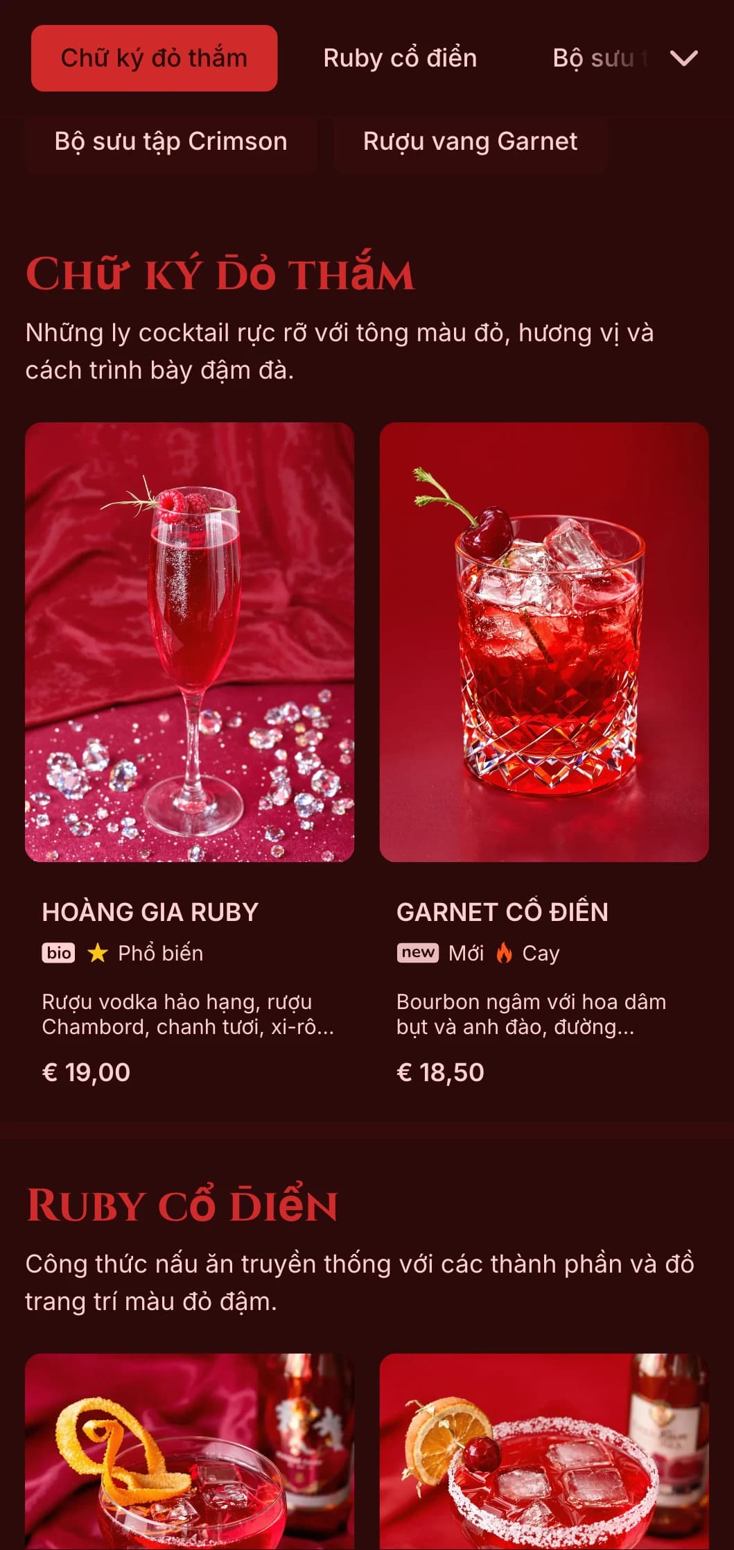 Thiết kế màu đỏ đậm với họa tiết phong phú dành cho quầy bar rượu vang và cocktail đầy đam mê.