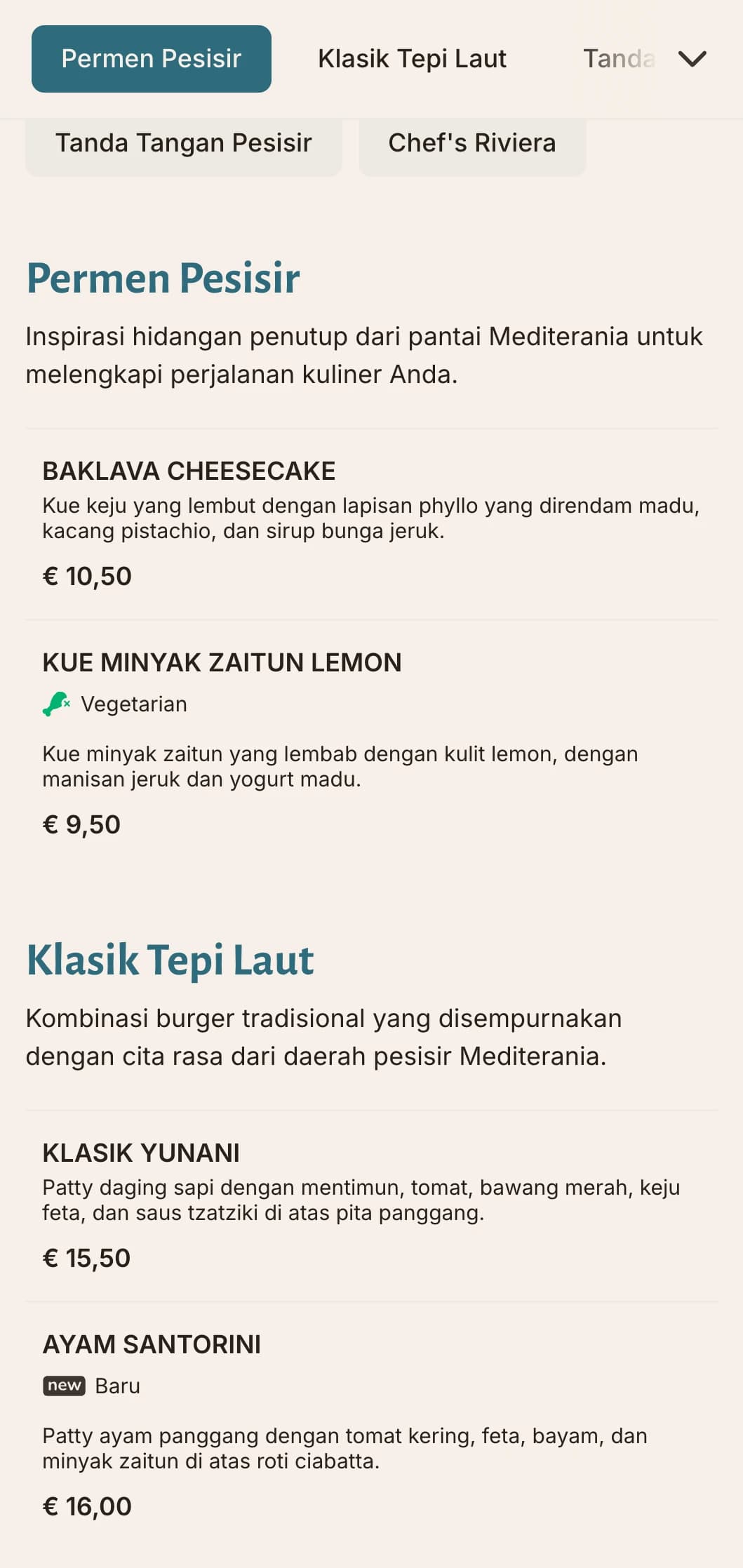 Menu burger yang terinspirasi dari pesisir dengan aksen biru Mediterania dan fokus pada bahan-bahan segar.