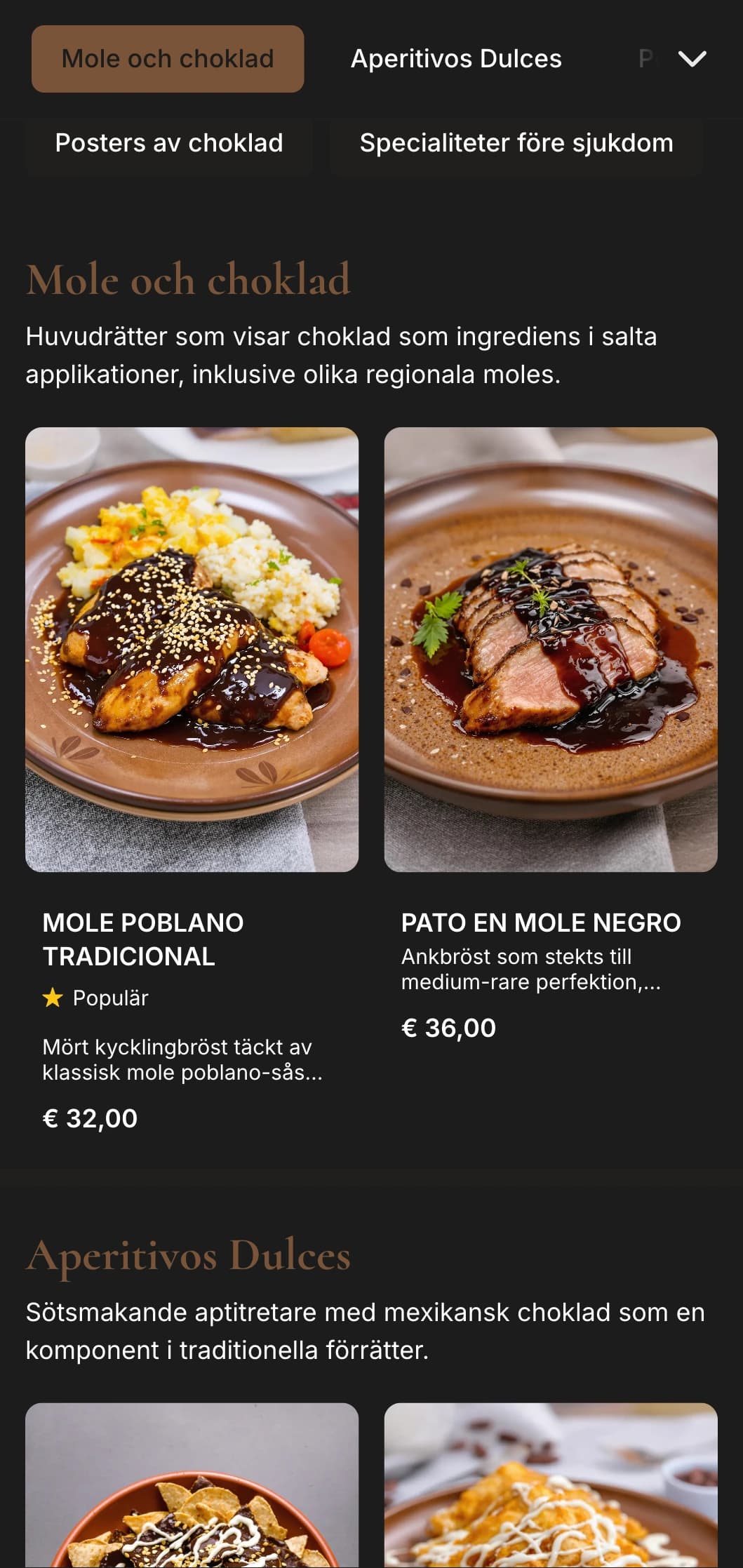 Rik och överdådig mexikansk dessertmeny med varma bruna chokladtoner, traditionella sötsaker och autentiska chokladberedningar.