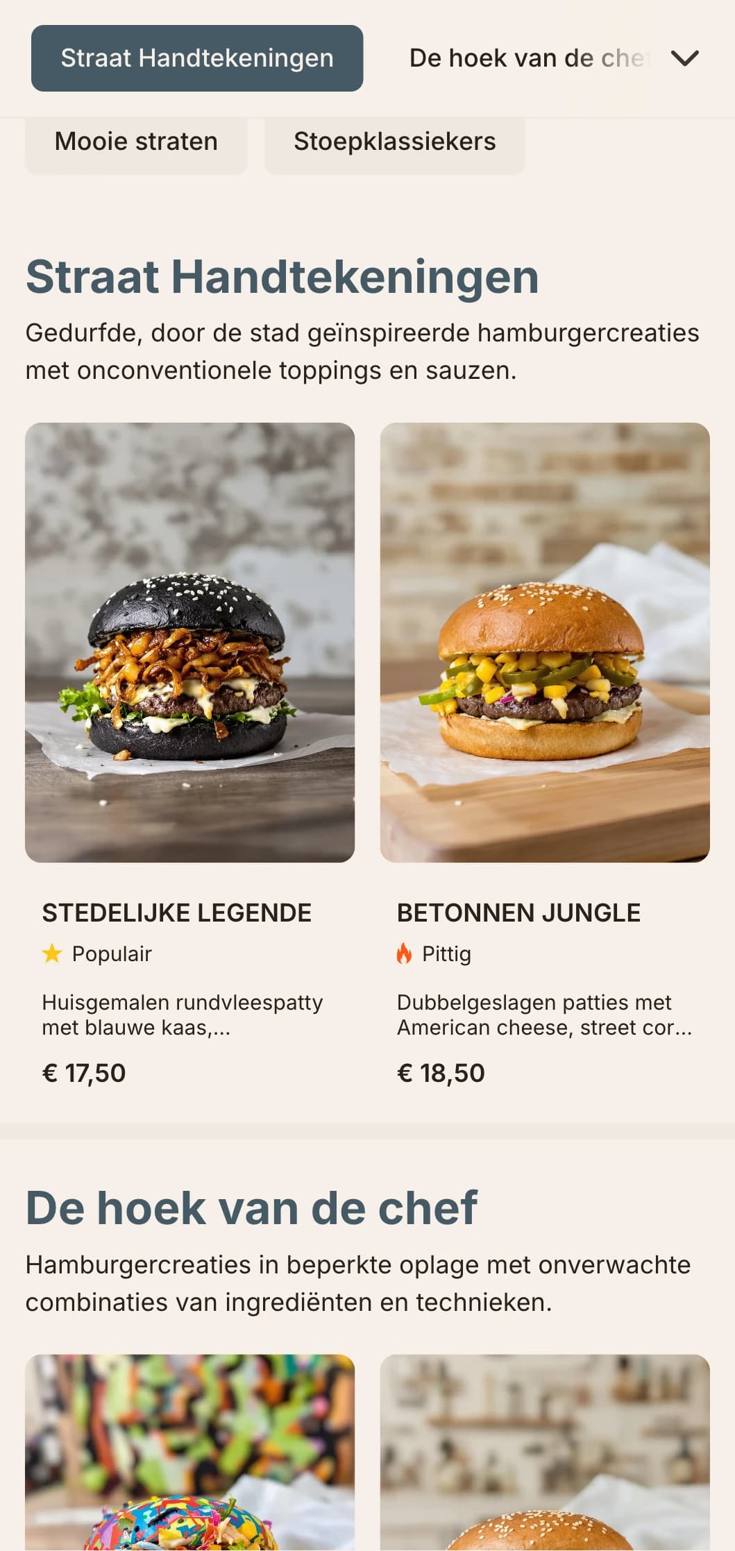 Urban street food geïnspireerd ontwerp met sterke contrasten en street art-elementen voor een eigentijdse casual hamburgerervaring.