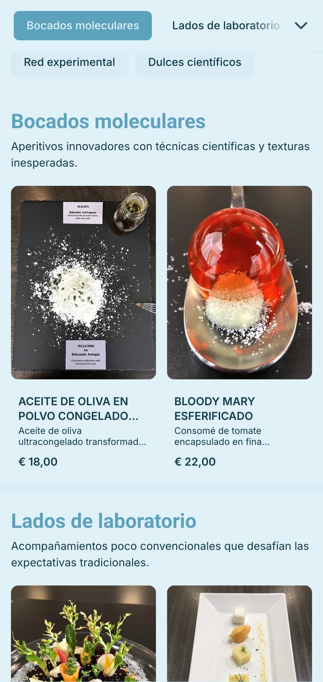 Catering innovador de gastronomía molecular con técnicas científicas, texturas inusuales y una presentación espectacular para eventos de vanguardia.