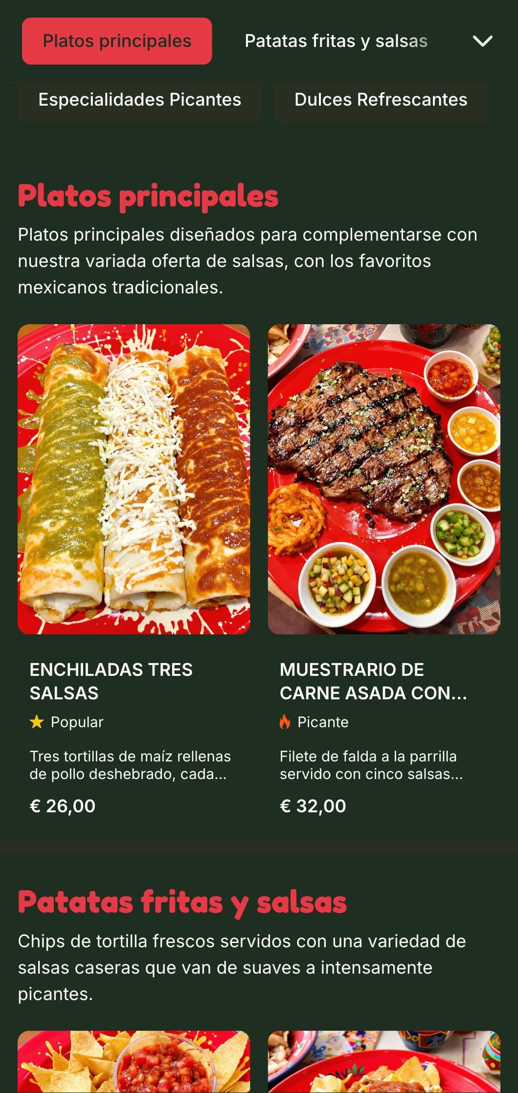 Menú vibrante y personalizable centrado en diversas salsas mexicanas con acentos rojos brillantes, niveles de especias y platos complementarios.