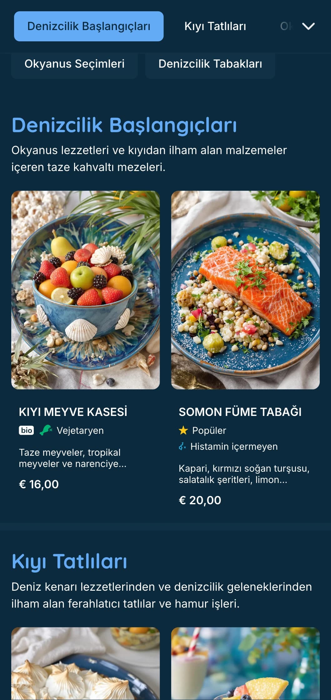 Deniz ürünleri brunchları ve sahil işletmeleri için ideal, koyu mavi tonlara sahip taze, denizci brunch şablonu.