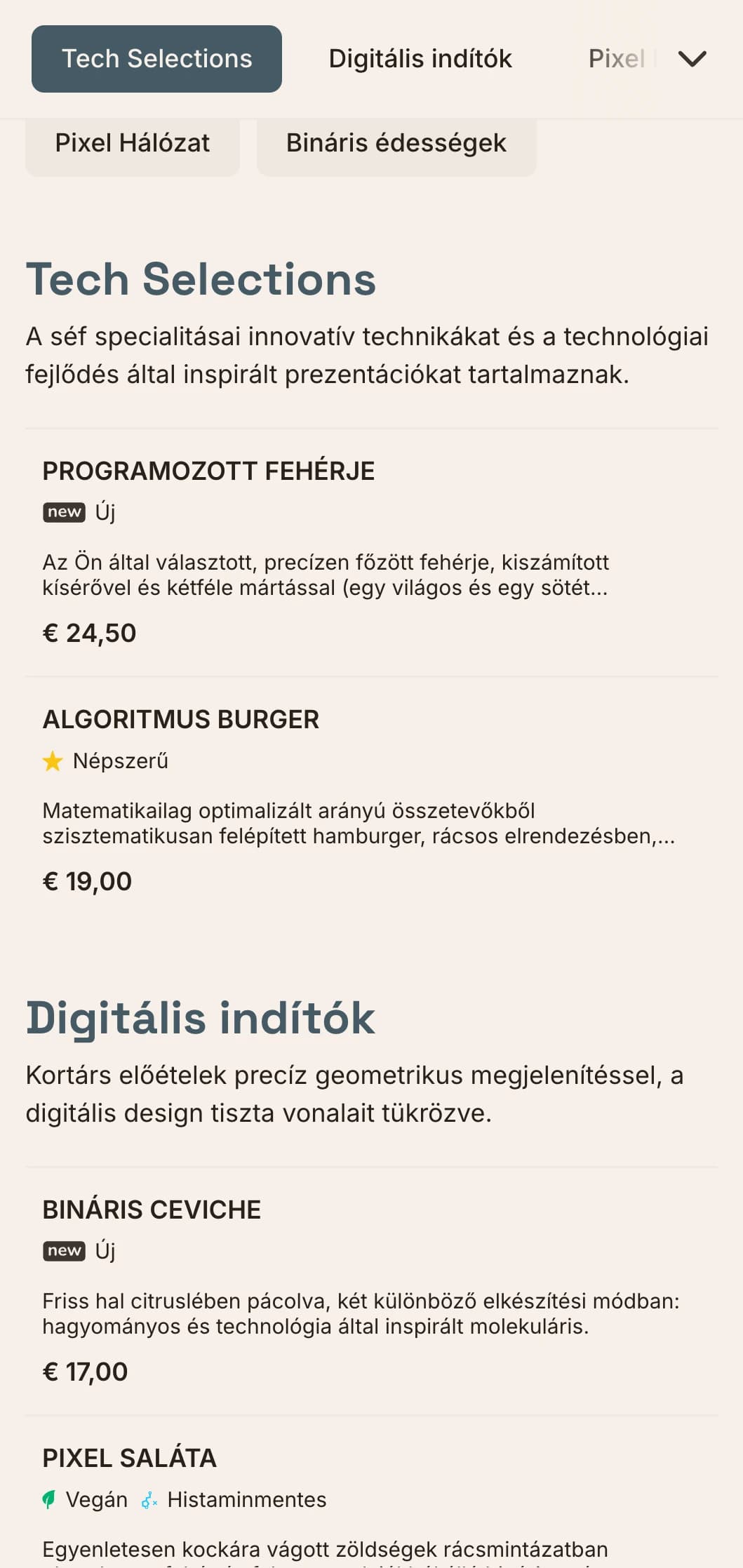 Digitális ihletésű ebédmenü-tervezés technológiai esztétikával és precíz rácsos elrendezéssel, tökéletes az innovációs negyedekben és a technológiai cégek közelében lévő éttermek számára.