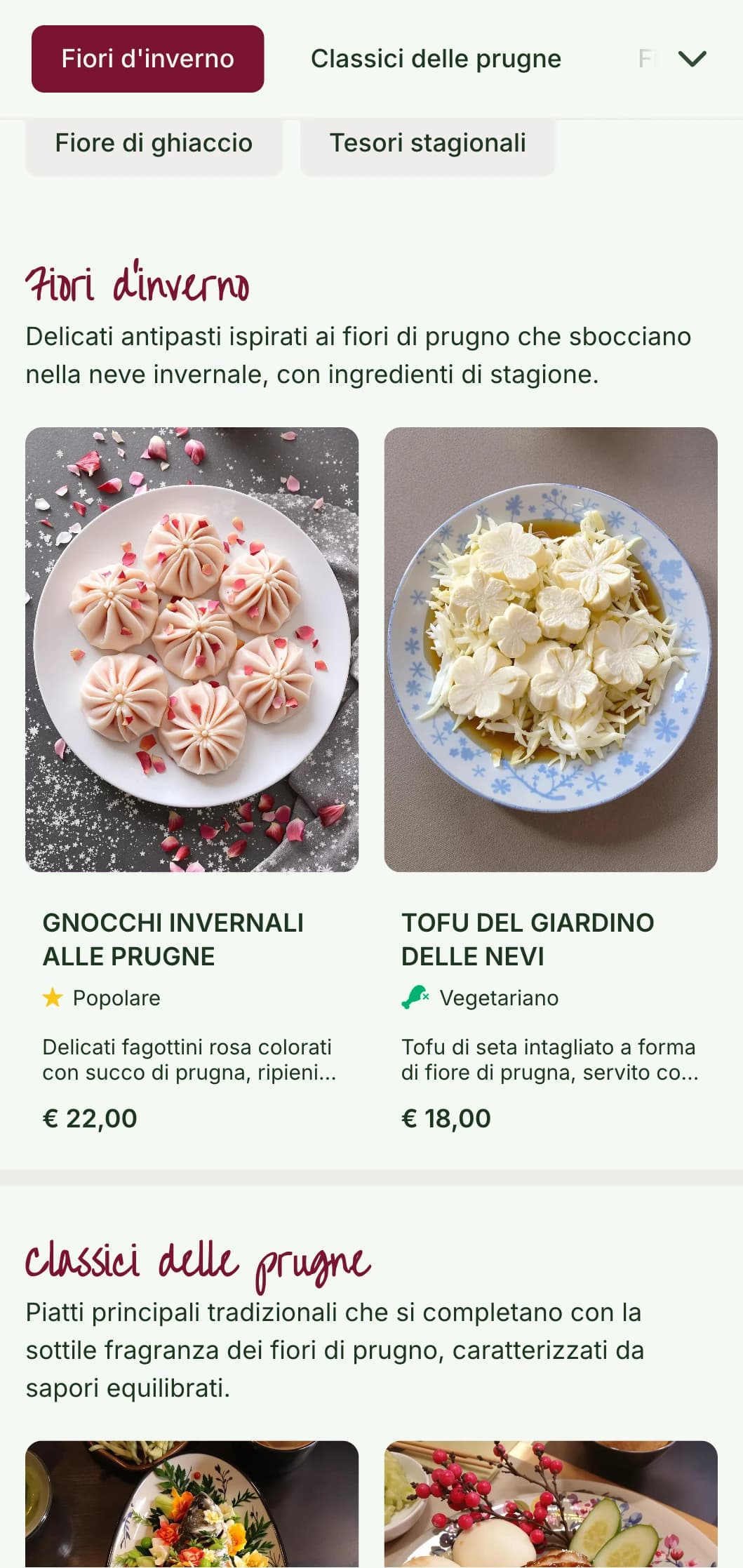 Il design del menu cinese si ispira ai fiori di prugno, con motivi delicati per la cucina stagionale invernale e primaverile.