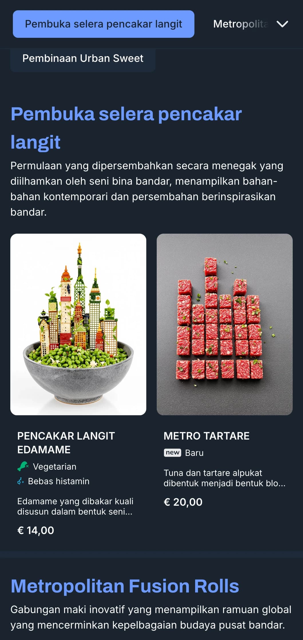 Menu sushi berinspirasikan bandar kontemporari dengan rona biru sejuk dan elemen reka bentuk bandar untuk tempat yang bergaya.