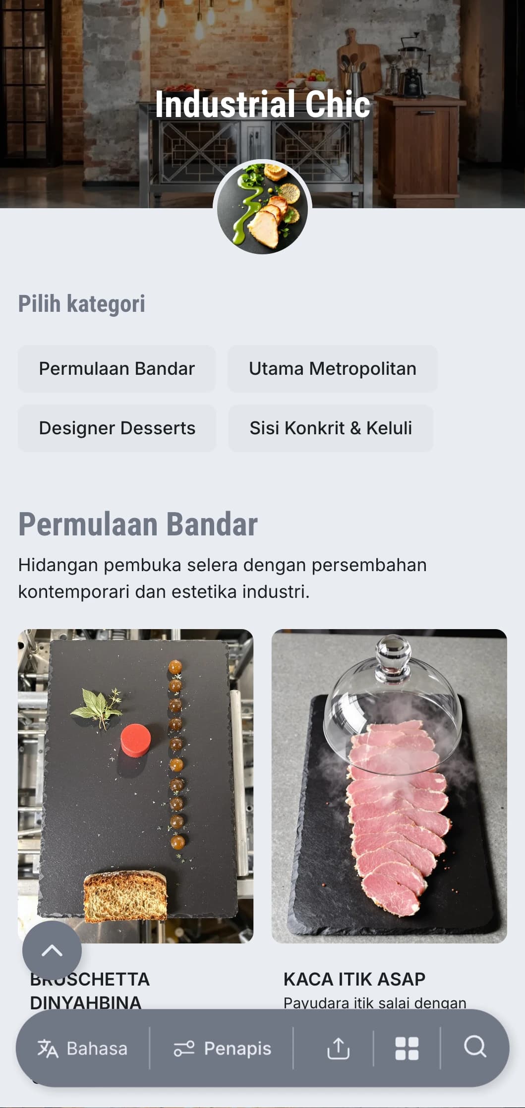 Persembahan katering mentah dan edgy dengan estetika bandar moden, unsur logam dan tekstur konkrit untuk acara gudang dan pembukaan galeri.