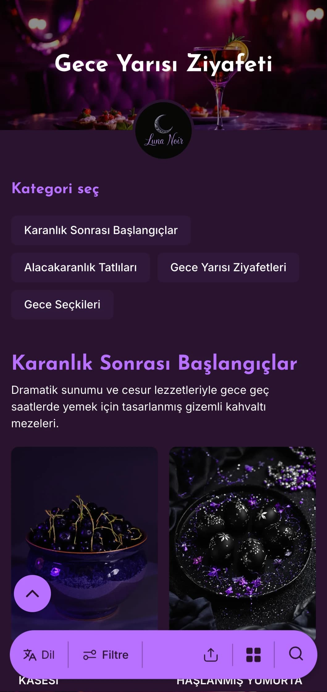 Parlak vurgulara sahip koyu mor şablon, gece geç saatlerde brunch teklifleri ve kokteyl eşli kahvaltılar için mükemmeldir.