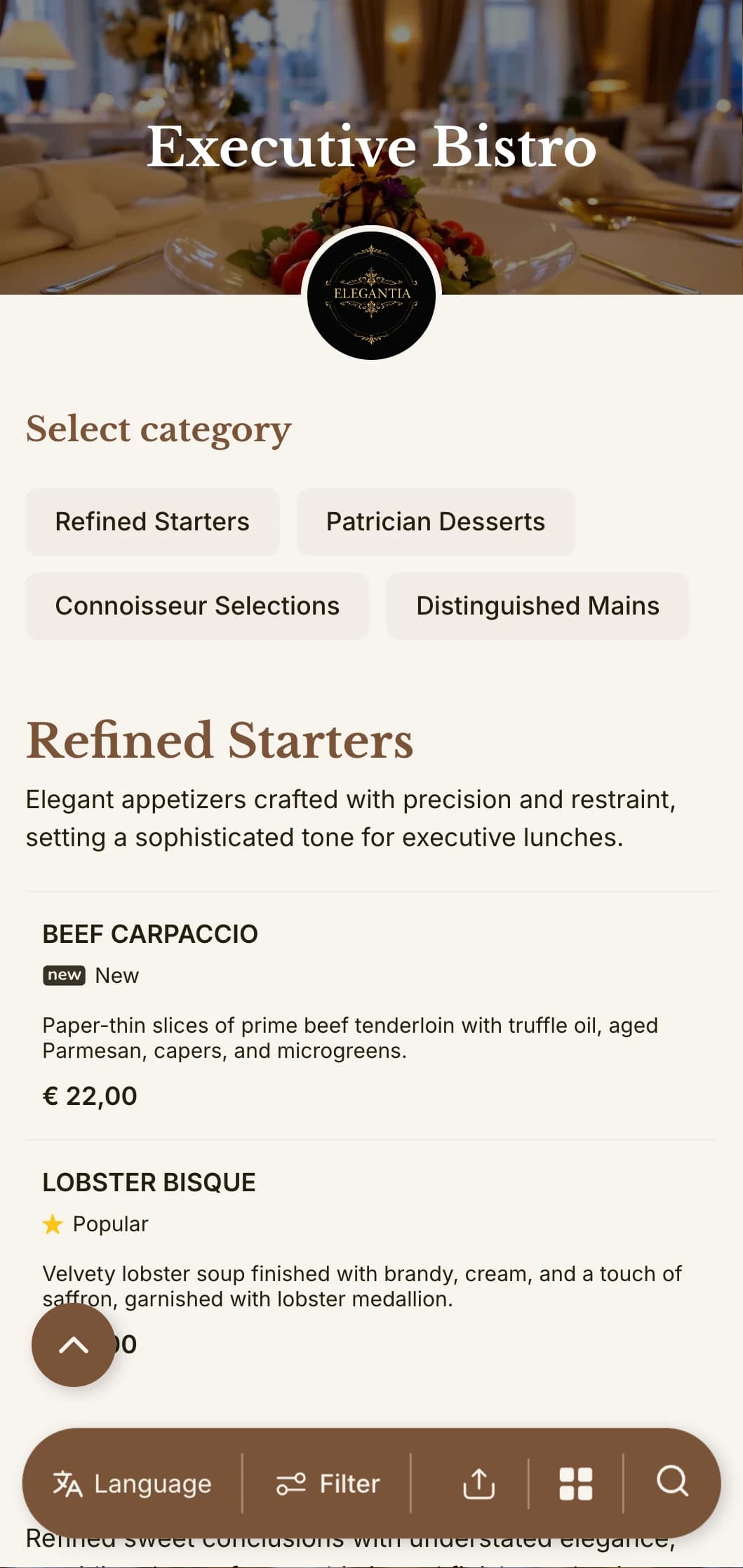 Sophisticated lunch menu design with refined typography and elegant spacing, tailored for upscale hotel restaurants and executive dining rooms serving business professionals.